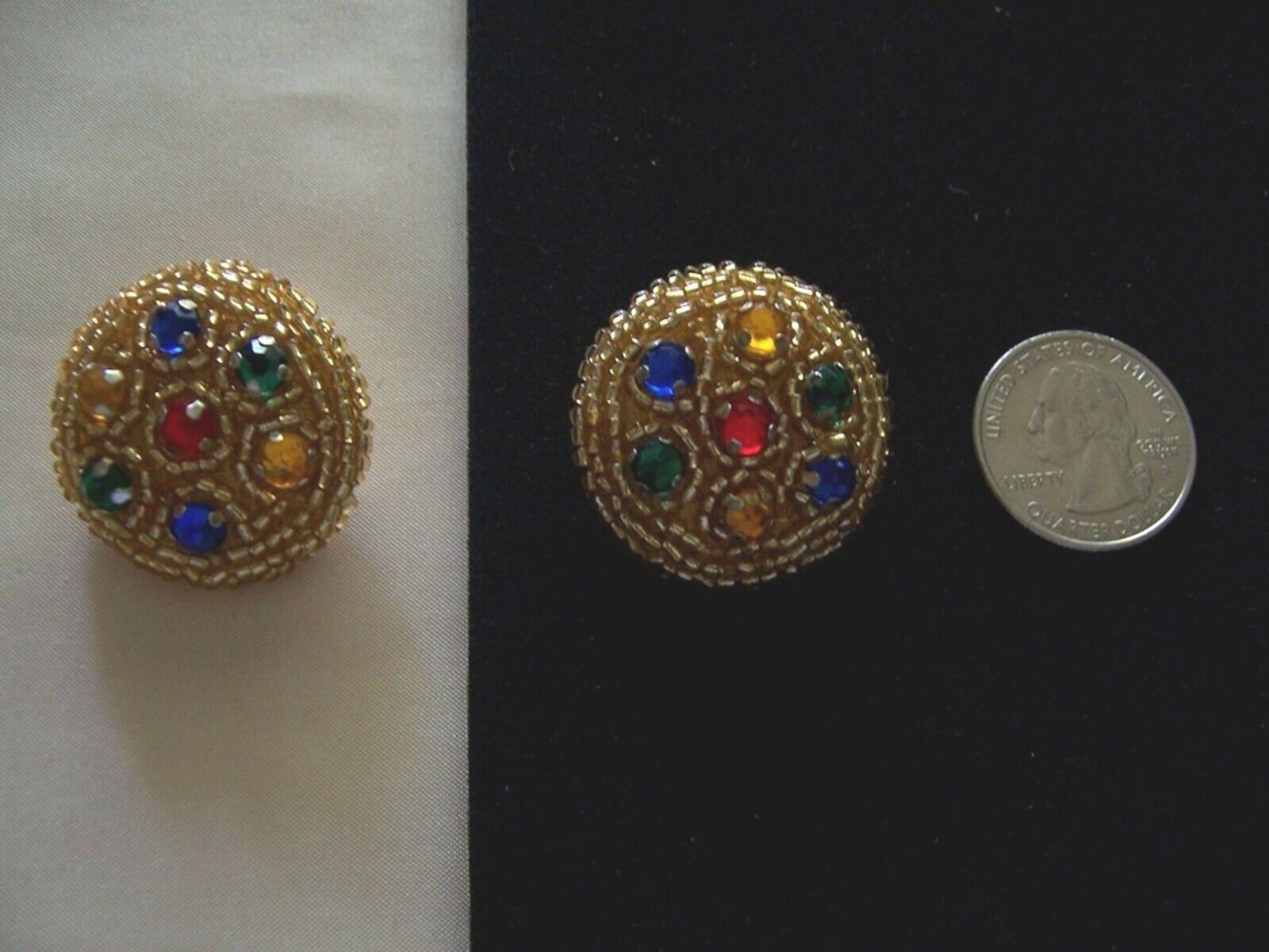 2 HAND BEADED GOLD BEAD MULTI GEMS BUTTONS 1.25″ IN SIZE