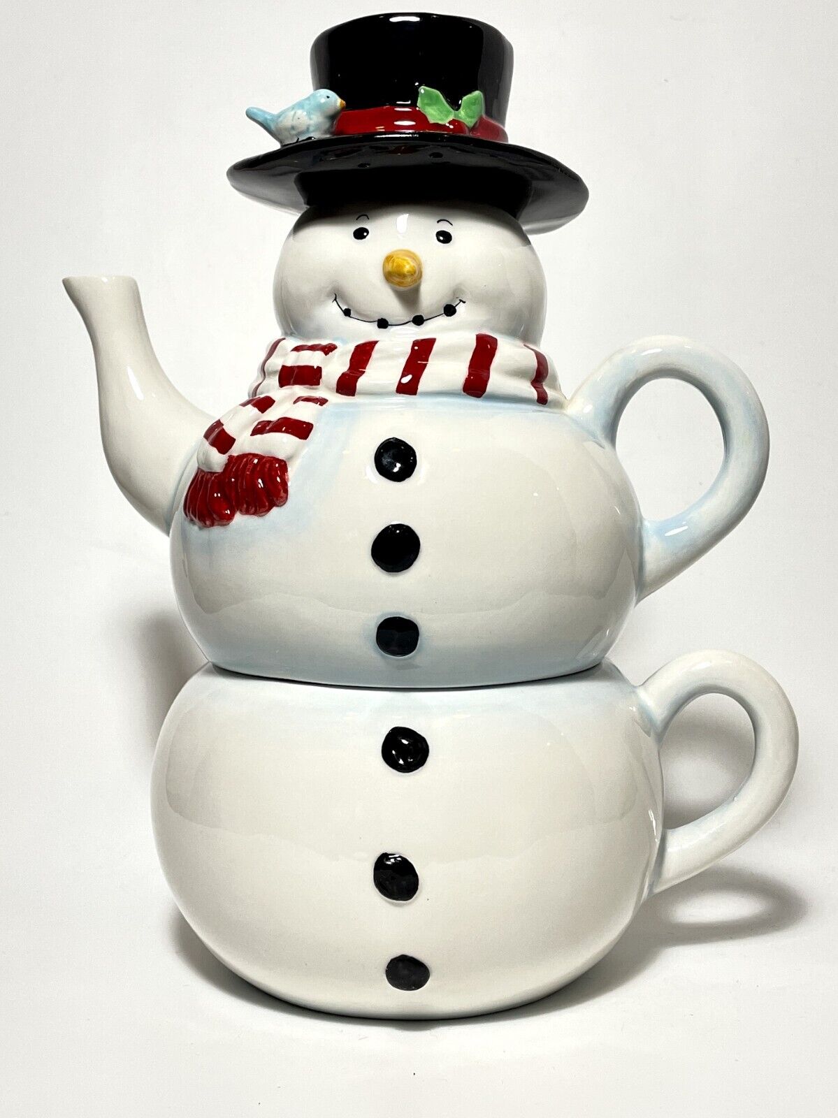 Snowman 3pc White Ceramic Stacking Tea Pot Hand Painted Trim Black Hat Blue Jay