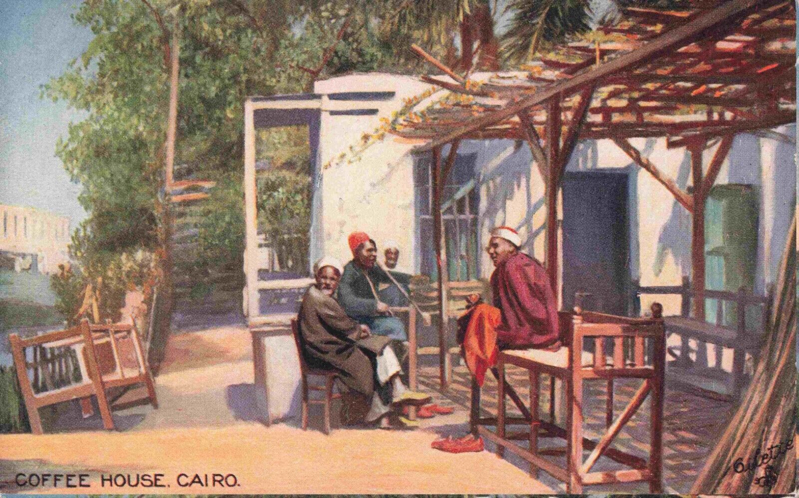 Tuck's Oilette Cairo Egypt Men at Coffee House c1908 Vintage Painting Postcard