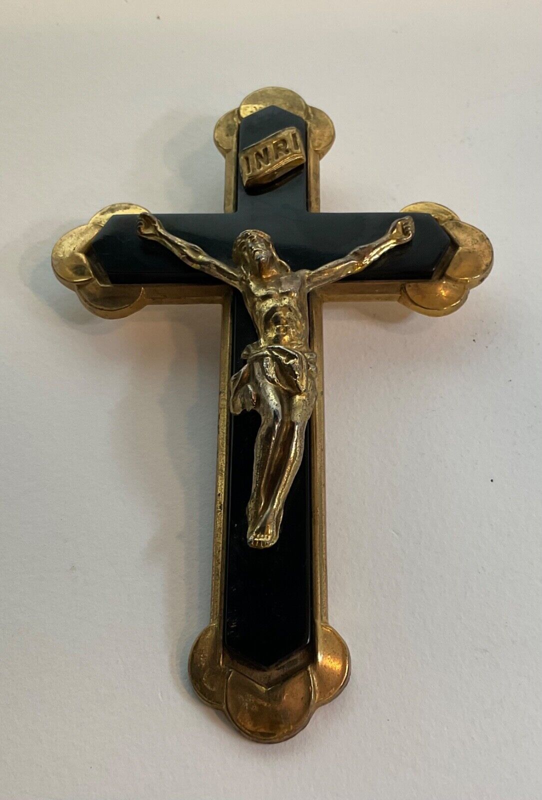 Vintage Crucifix Cross Jesus INRI Brass Black 1950s MCM