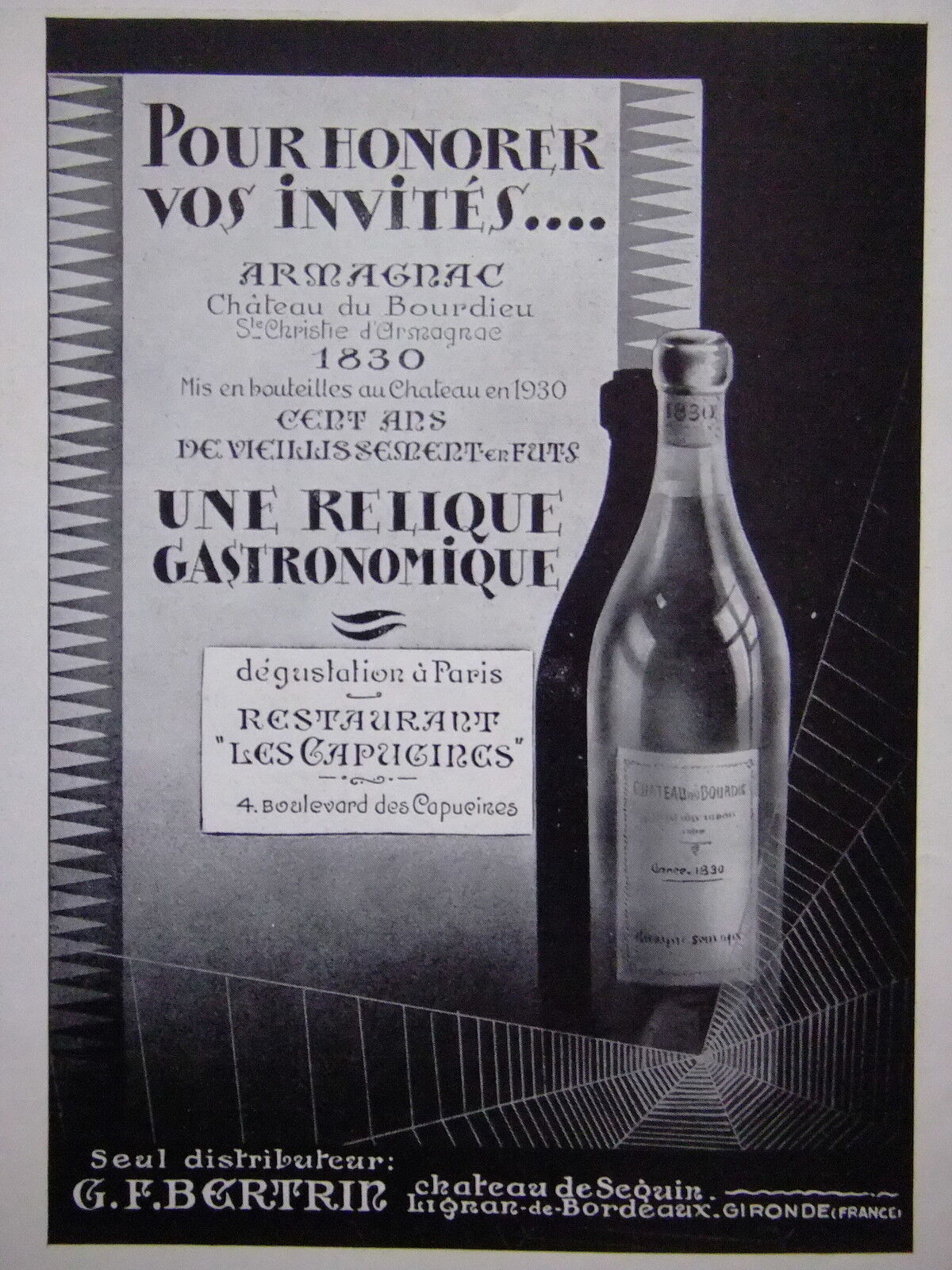 1932 PRESS ADVERTISEMENT ARMAGNAC CHÂTEAU DU BOURDIEU GASTRONOMIC RELIC