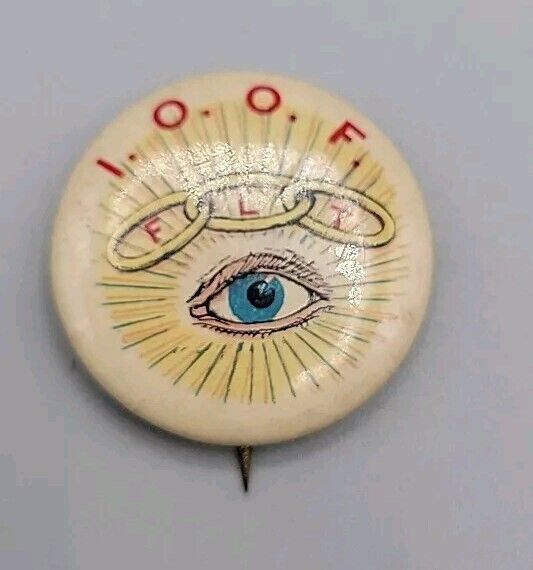 Antique International Order Odd Fellow FLT Eye Pinback Pioneer NOV MFG CO NY 
