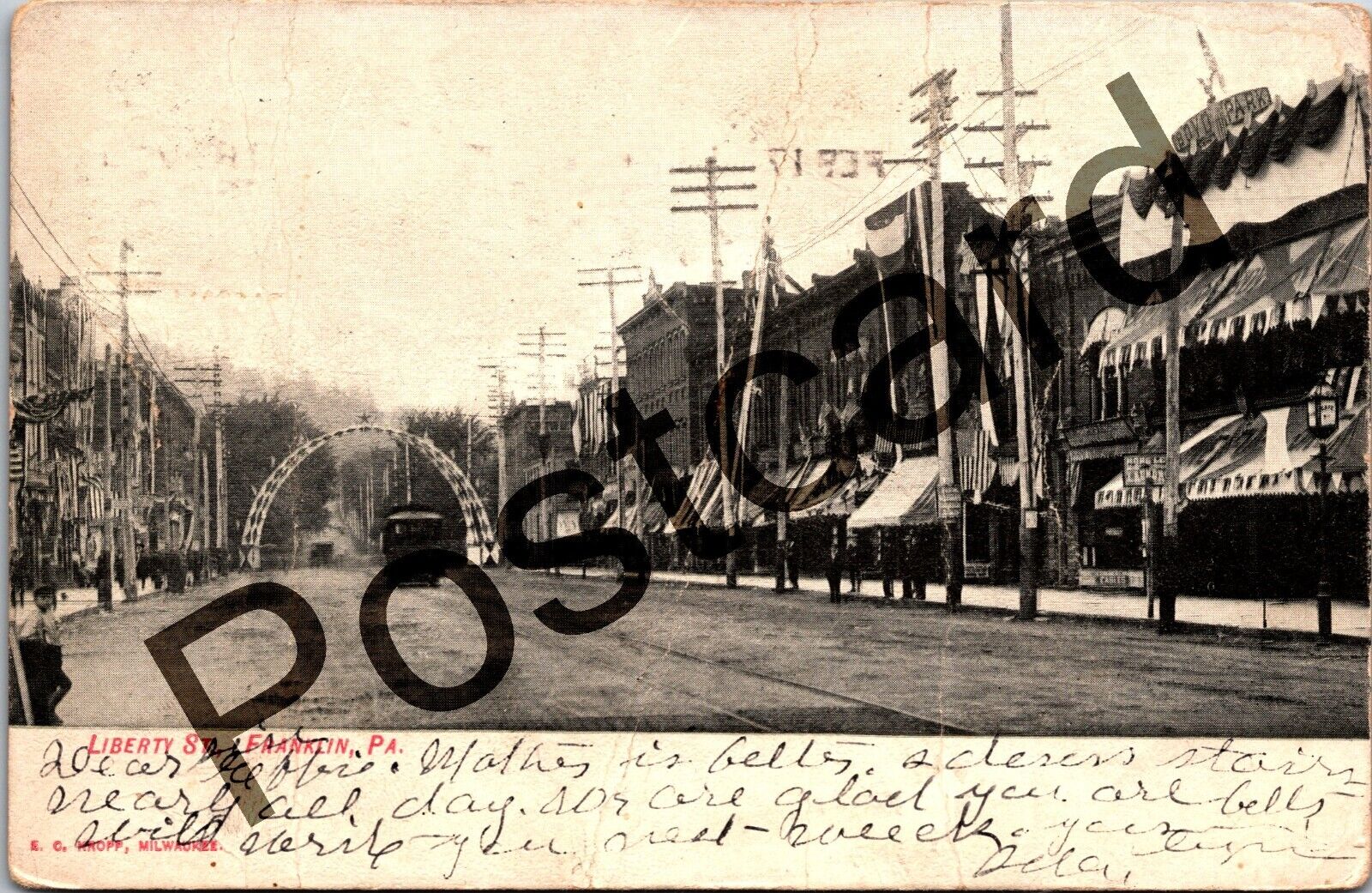 1911 FRANKLIN PA, LIBERTY ST, Trolley?, Kropp postcard jj201