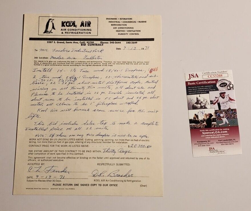 Leo Fender signed contract JSA COA Autograph Guitar Maker auto