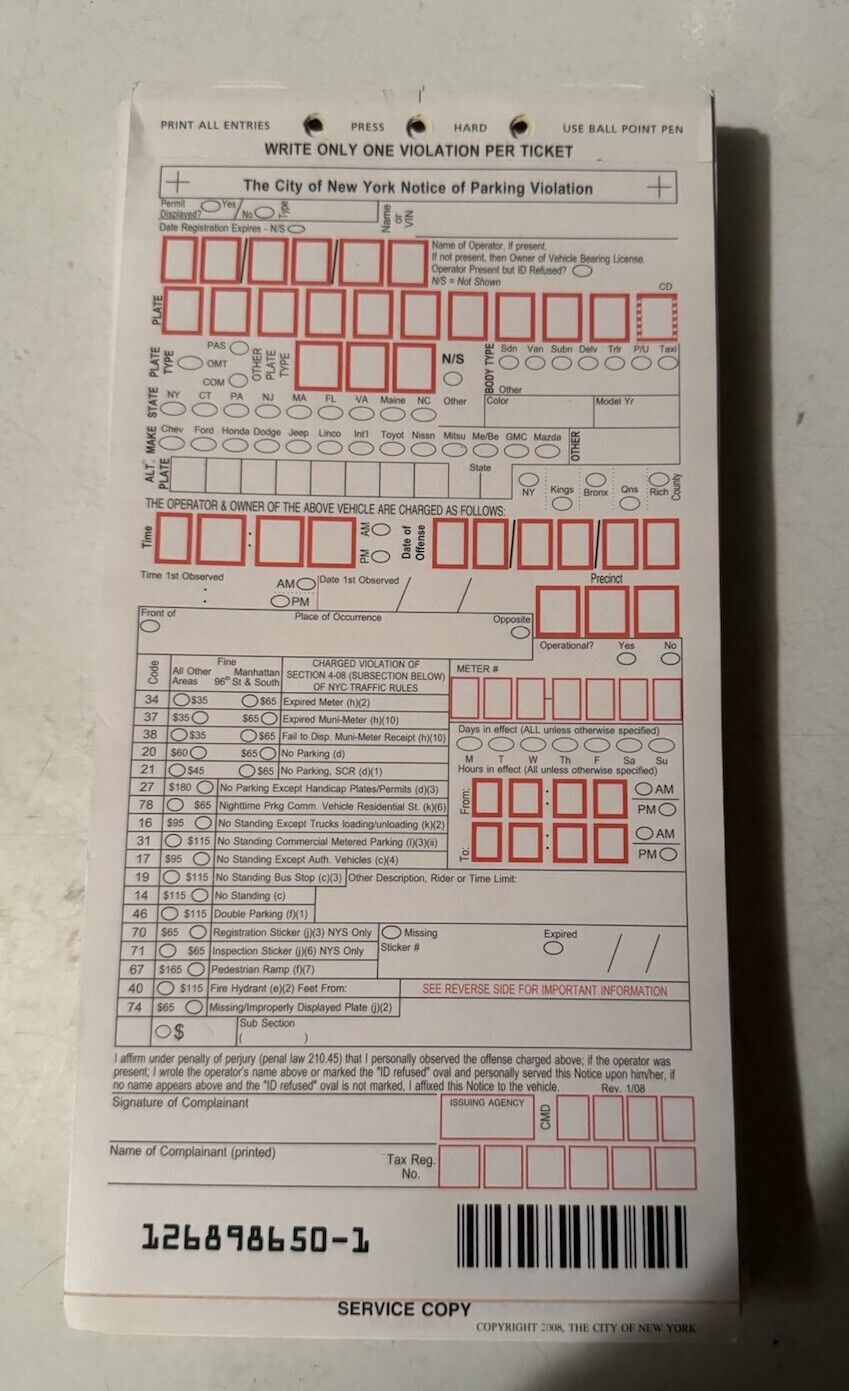 NYPD NEW YORK THE CITY OF POLICE DEPARTMENT Parking Summons Ticket  VIOLATION