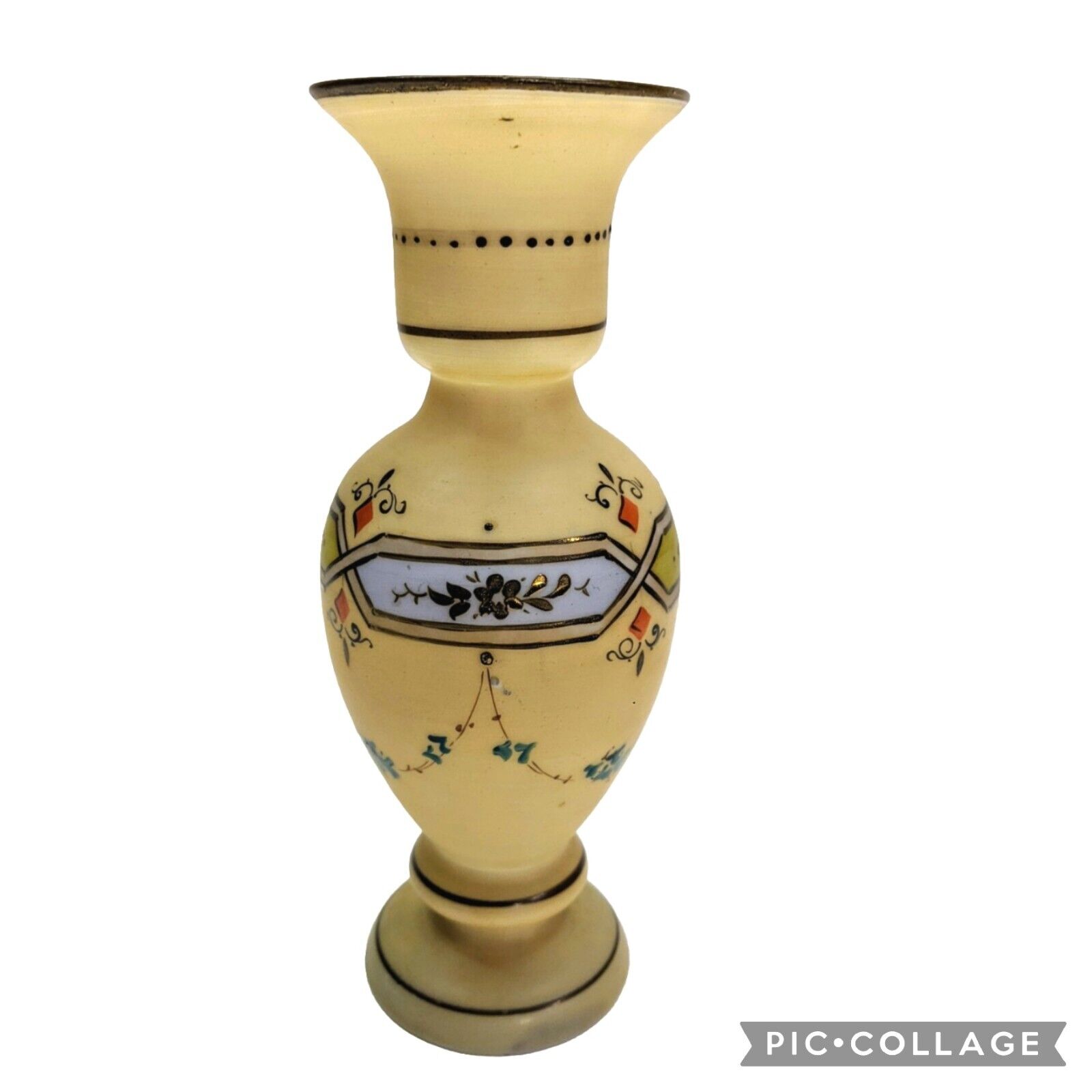 Antique Victorian Bristol Glass Handblown Vase Beige/Blue Art Deco Floral Design