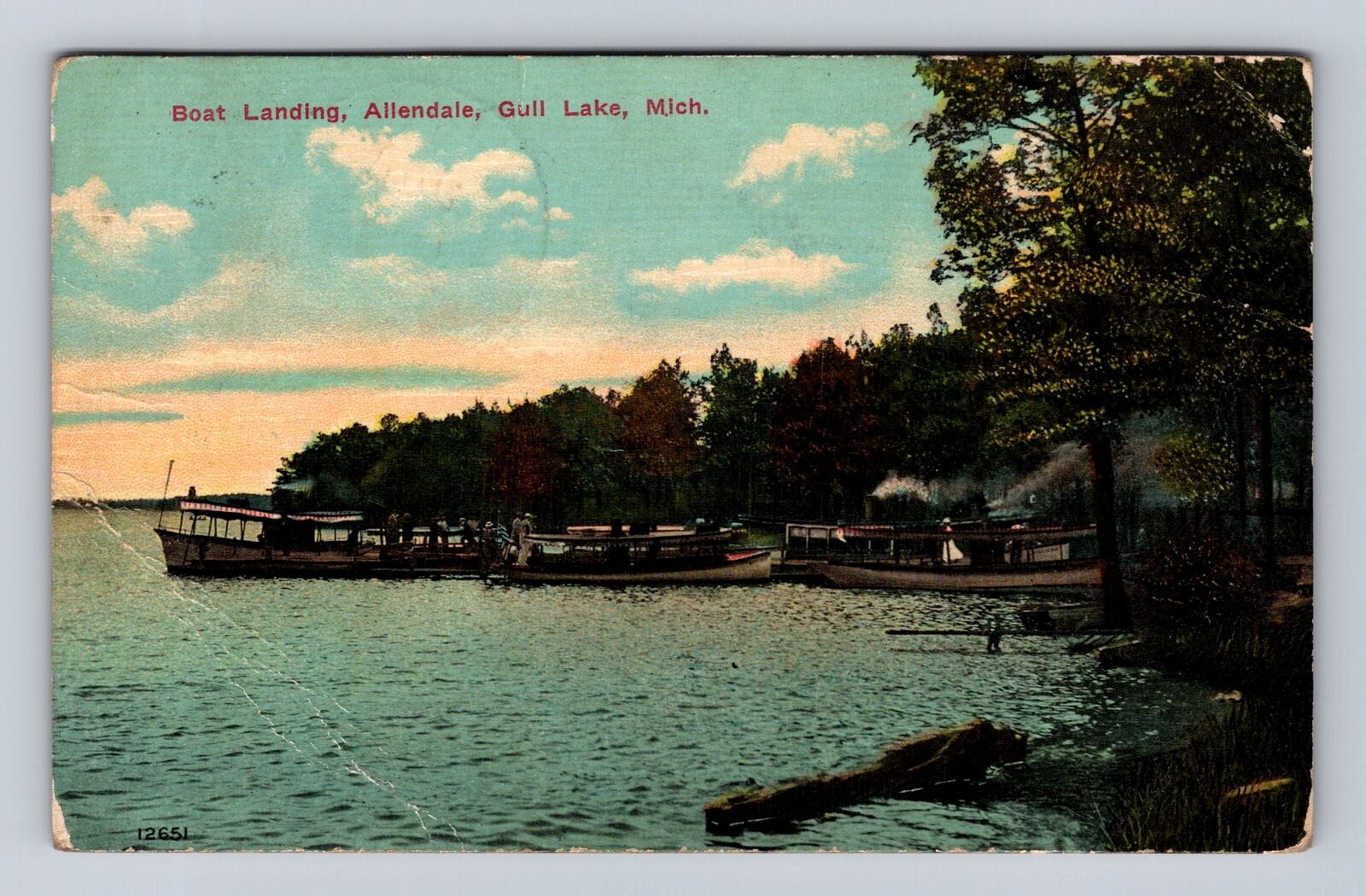 Gull Lake MI-Michigan, Boat Landing, Allendale, Antique, Vintage c1913 Postcard