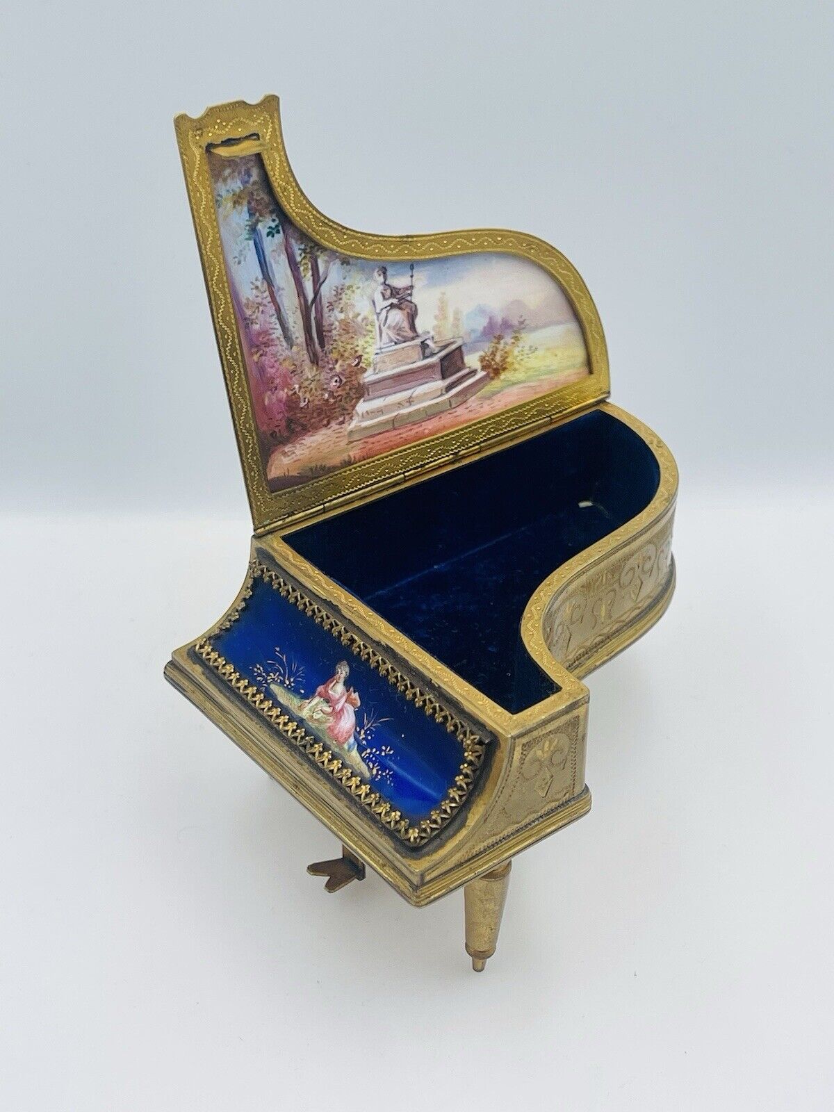 Antique Vienna Austrian Enamel Velvet Lined Piano Brass Jewelry Box