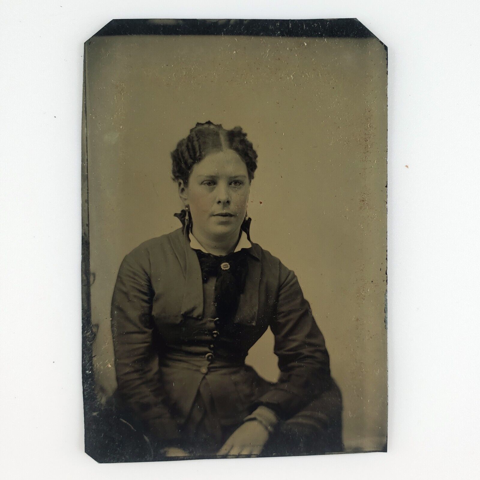 Pleasant Young Woman Sitter Tintype c1870 Posing Chair 1/6 Plate Photo A4069