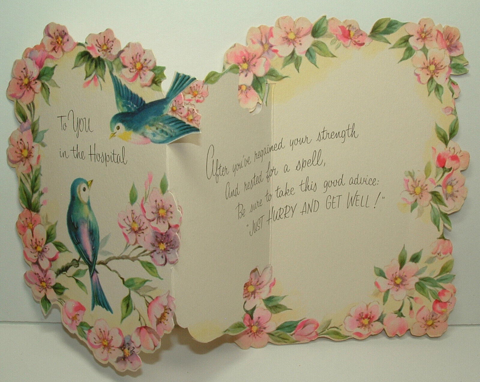 UNUSED - Tri-fold - Blue Birds, Pink Dogwoods - 1950\'s Vintage Get Well Card