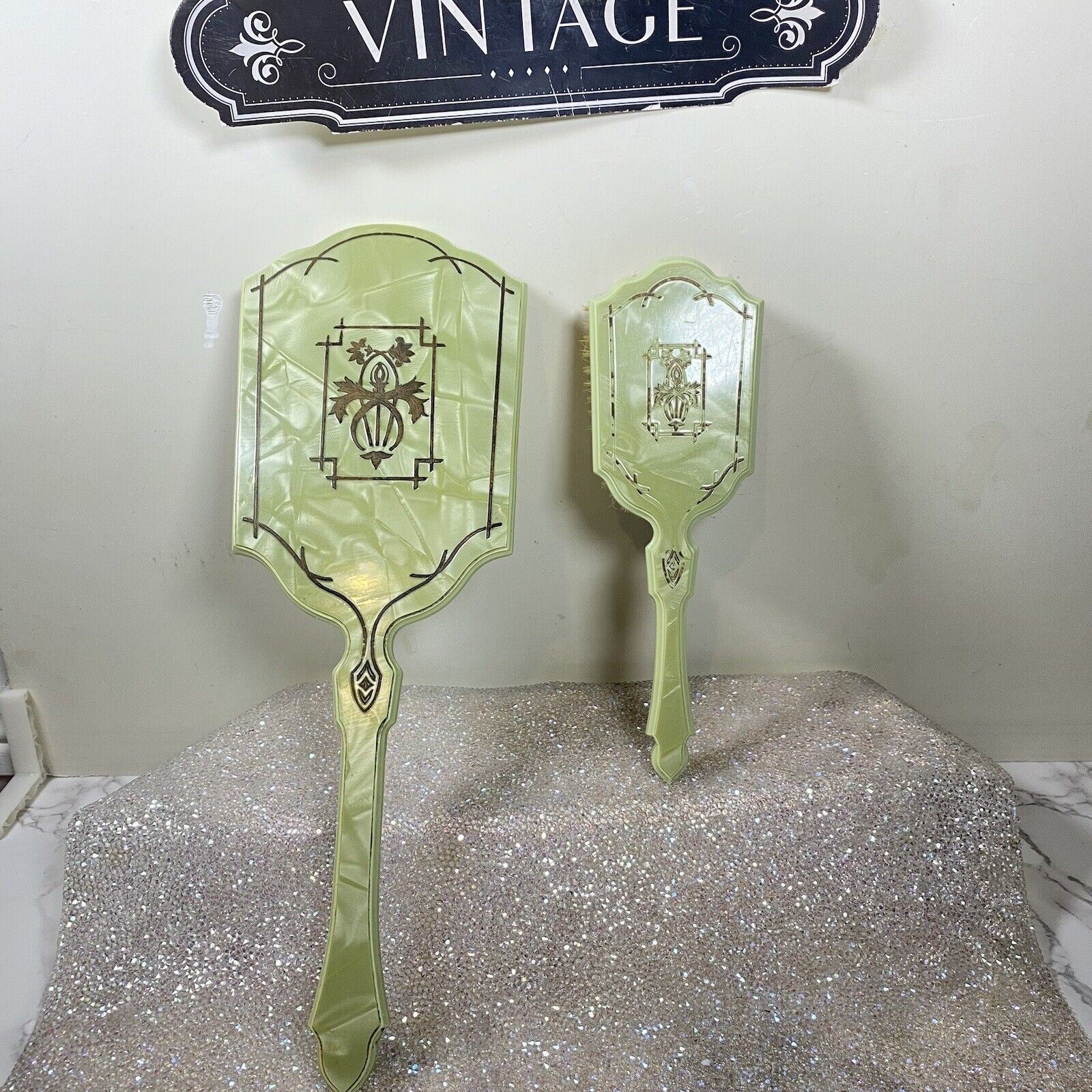 VTG 1920s VanityArt Deco Arlington Green Pyralin Celluloid Hair Brush & Mirror