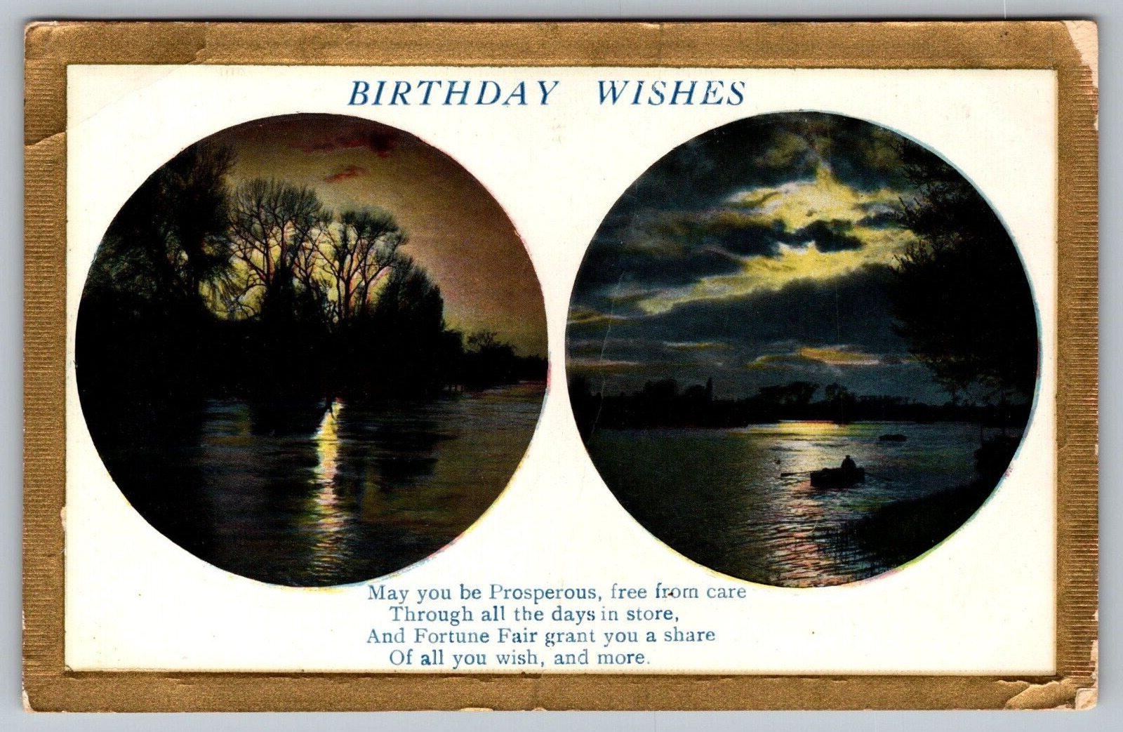 Postcard Birthday Wishes evening River Scene & 1/2 Penny Stamp VTG c1912  H19