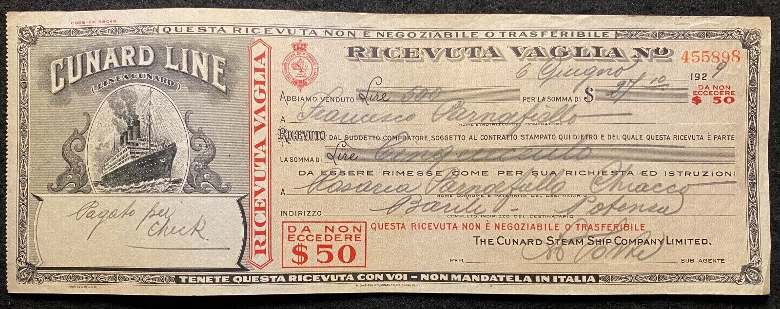 1929 **CUNARD STEAM SHIP COMPANY LTD** ITALY MONEY ORDER RECEIPT+VIGNETTE$ RARE$