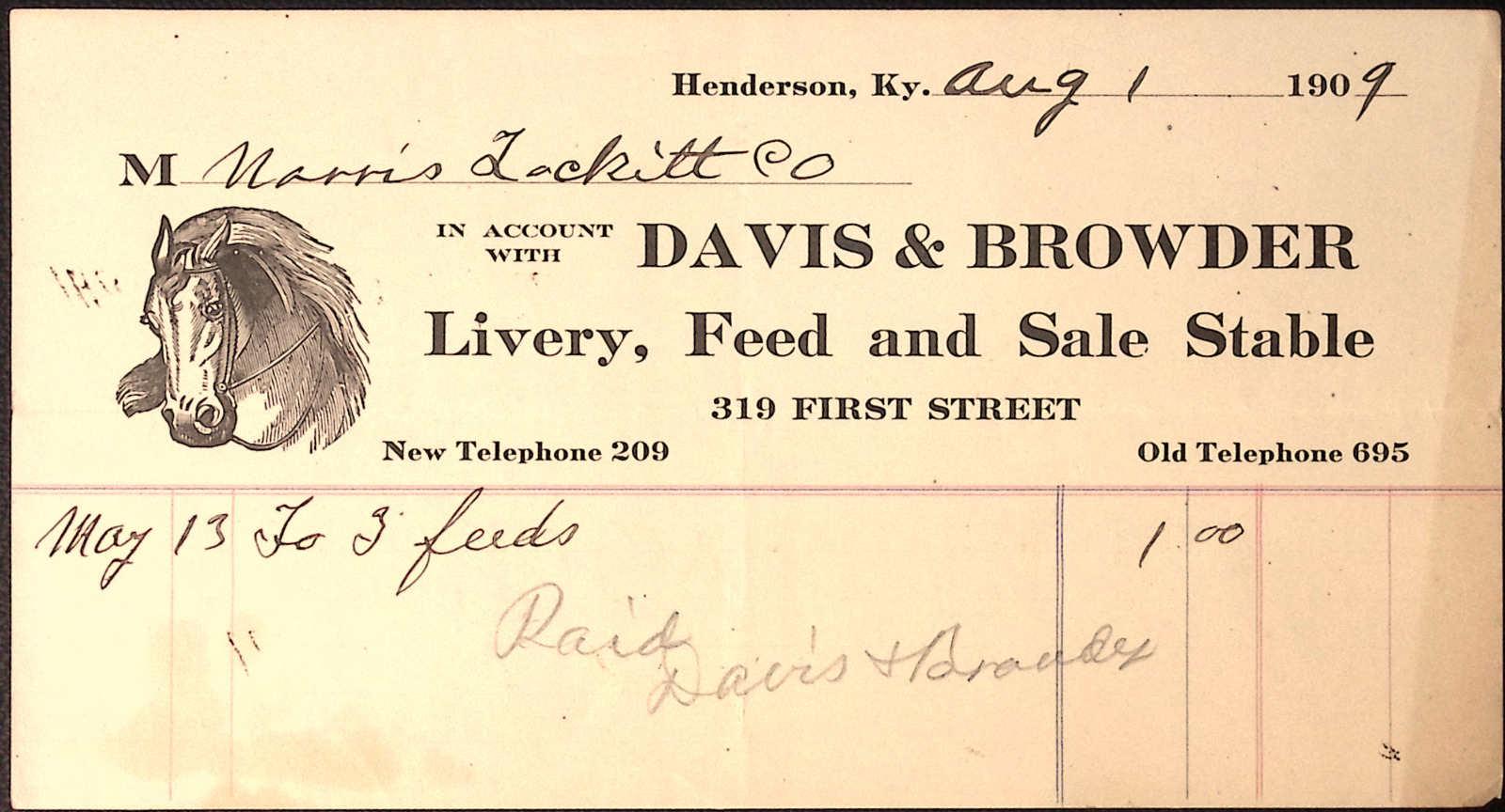 1909 Davis & Browder Livery Feed & Sale Stable Billhead HENDERSON KY AS287