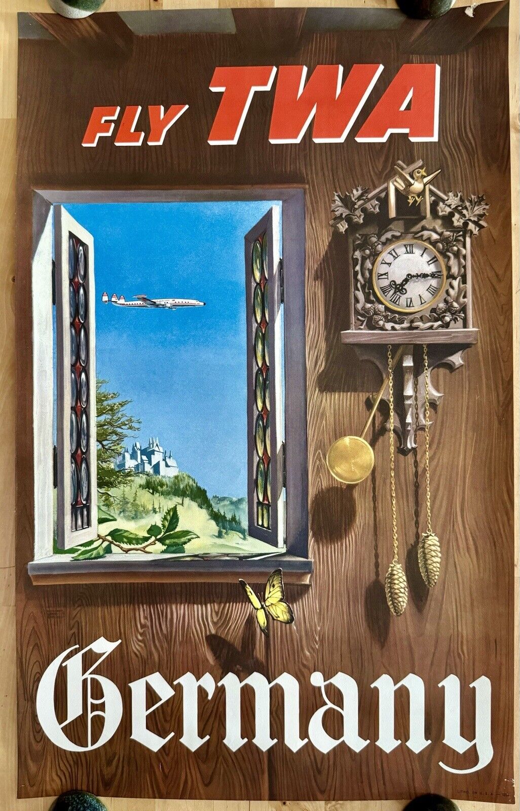 FLY TWA GERMANY Original Vtg Travel Poster Trans World Airlines 1950’s 16x25