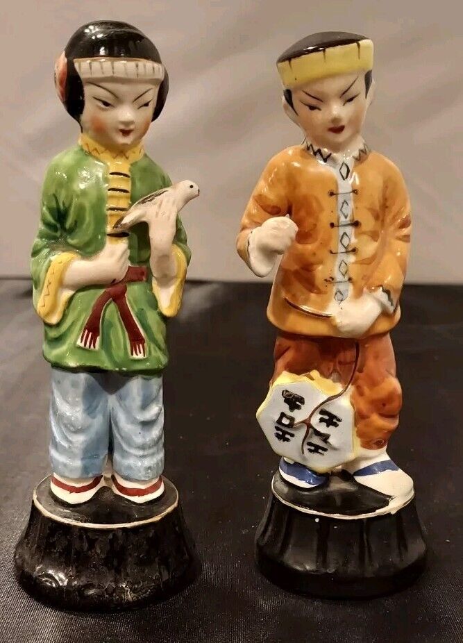 Vintage OK Japan Hand Painted Porcelain 2 Figurines Girl W/Bird Boy W/Kite