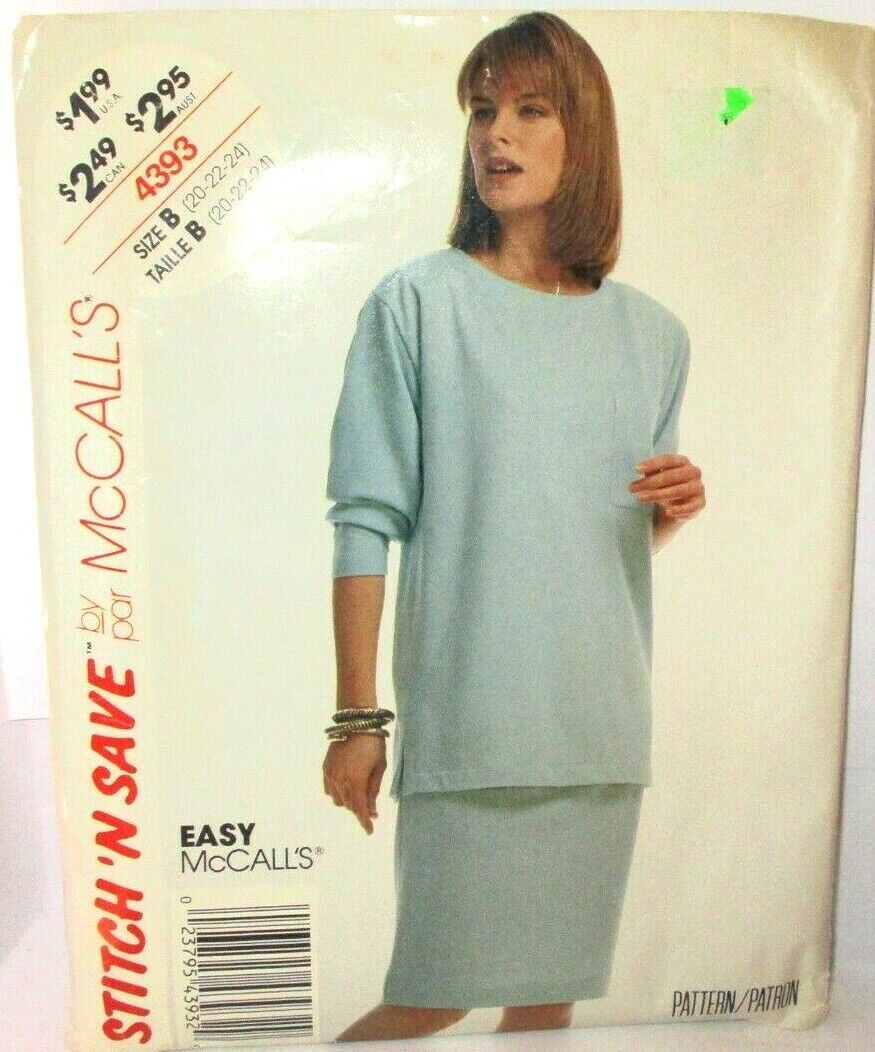 Sewing Pattern 4393 Vintage Stitch\'N Save Size B 20 22 24 Top Skirt 1989