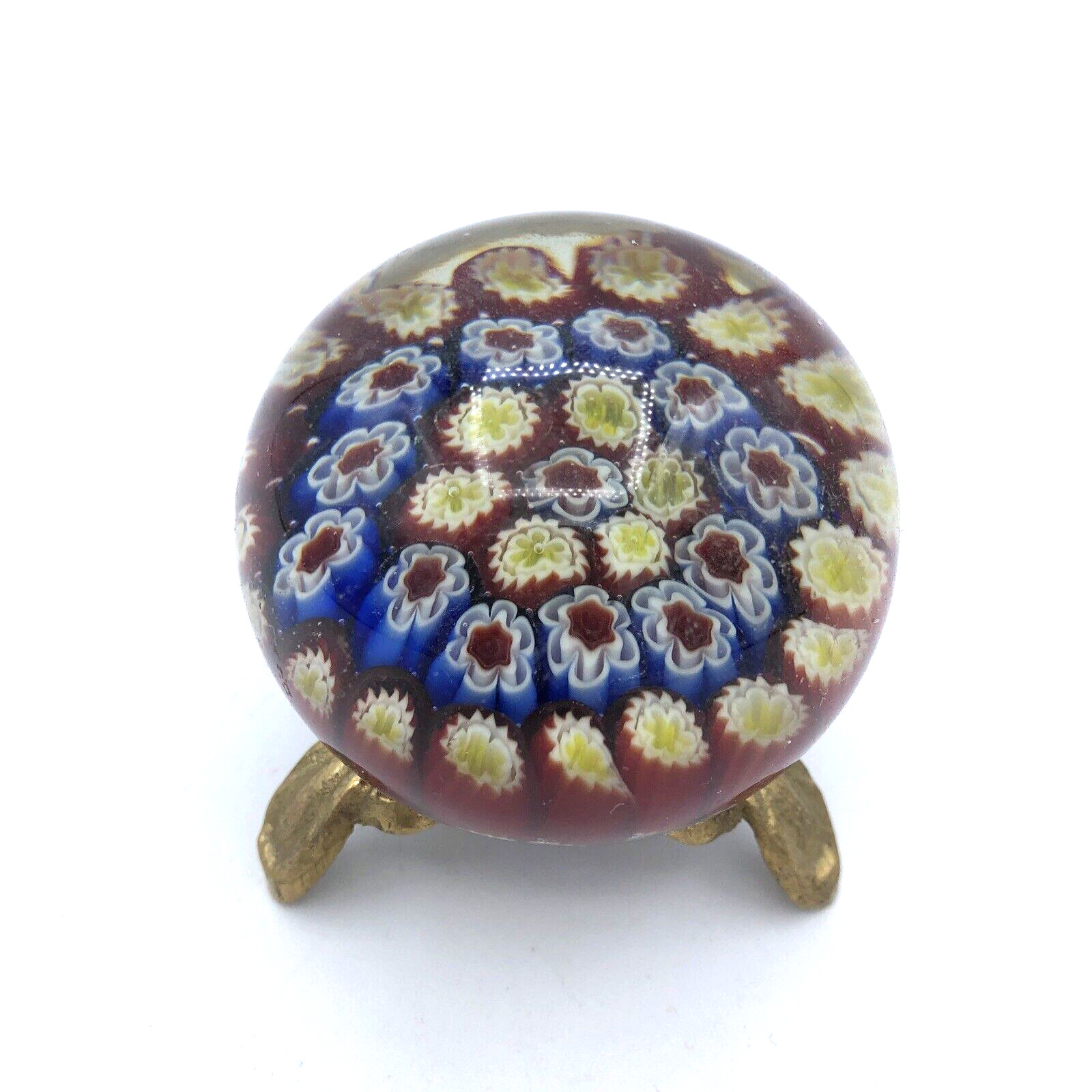 Vintage Murano Millefiori Glass Paperweight With Brass Stand