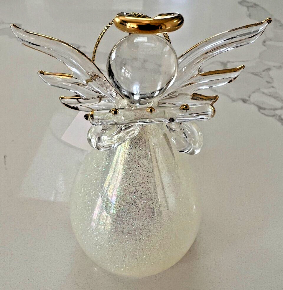 Glass Angel Flute and Halo Russ Carlton Pearlescent hand blown glass vintage