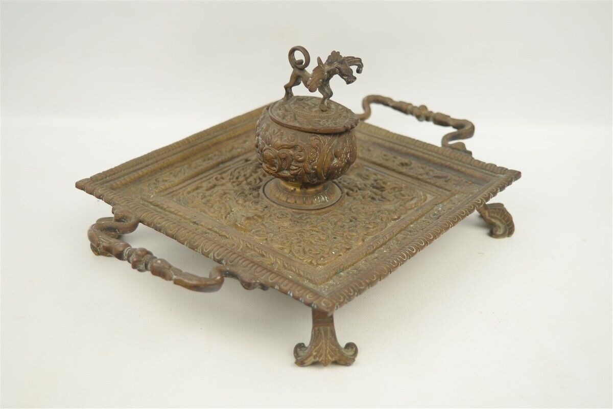 Antique Turn of the Century Period Solid Brass Desktop Inkwell Stand Mythology 