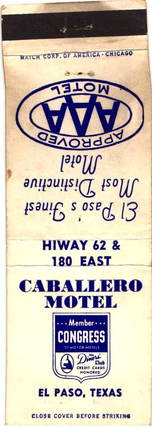 Caballero Motel, El Paso\'s Finest Motel, Texas, Vintage Matchbook Cover