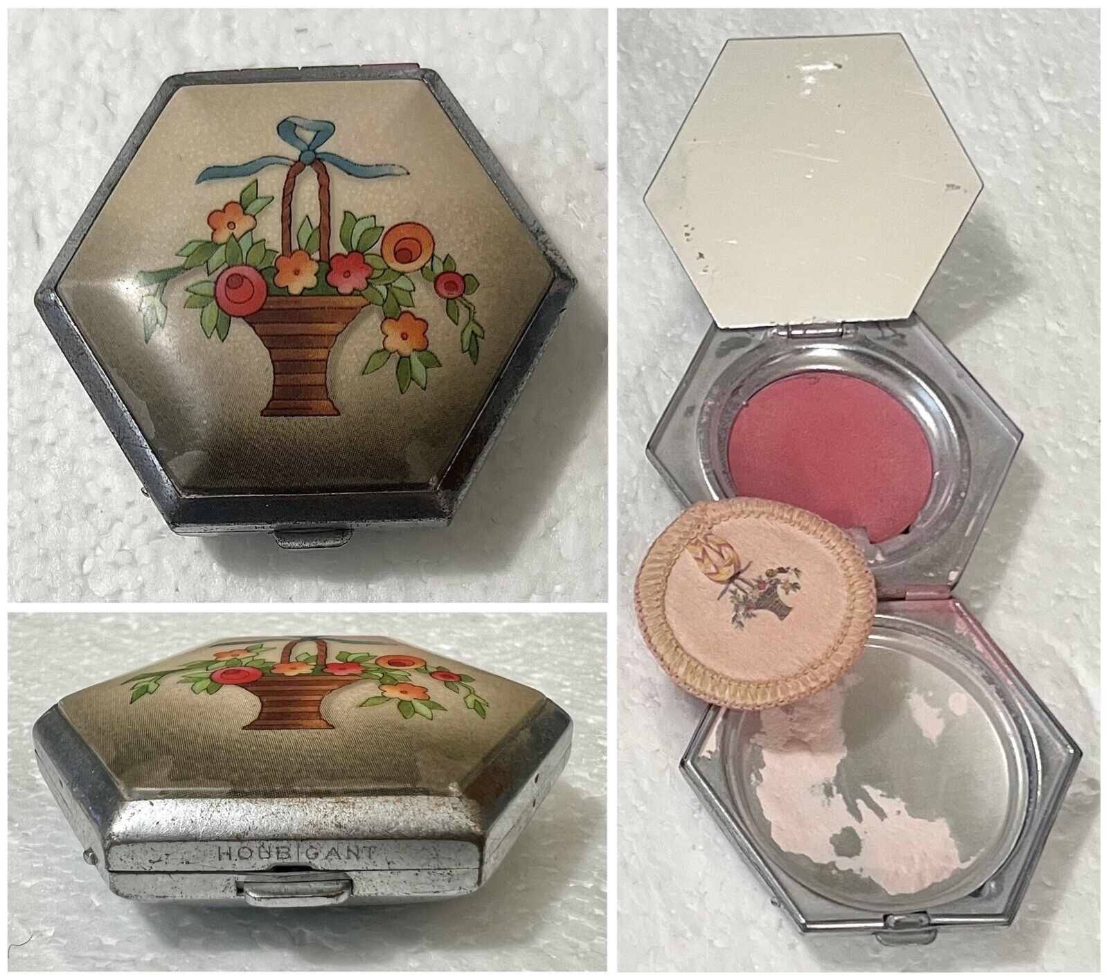 Vintage HOUBIGANT Enamel Flower Basket Hexagonal Mirror Rouge Powder Compact