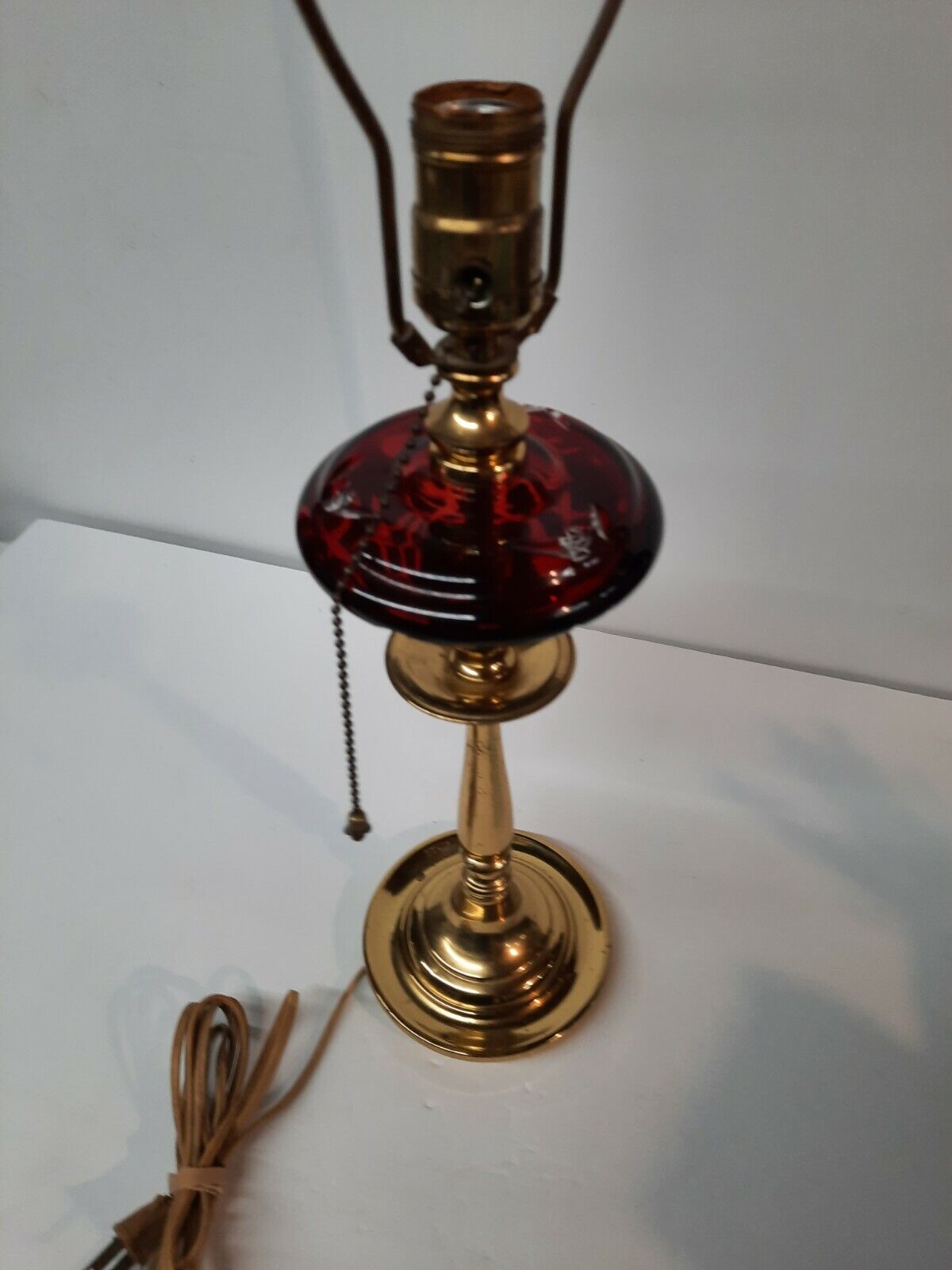 Antique Bronze & Cranberry Ruby Red Bohemian Glass Table Lamp Pull Chain