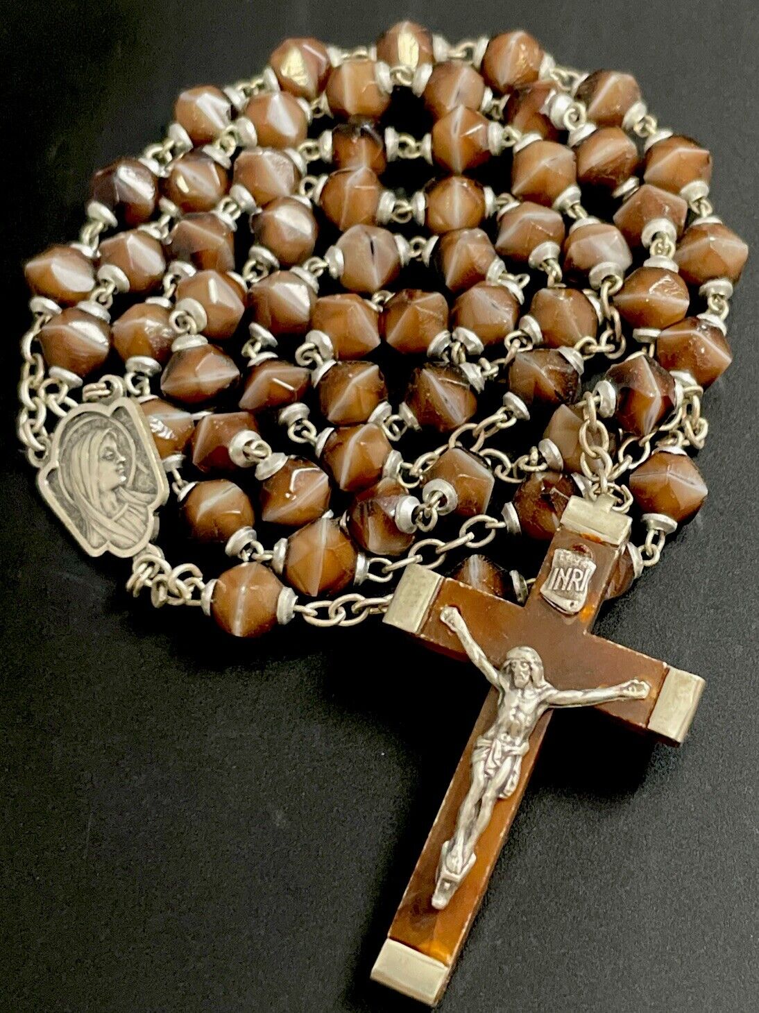 Vintage Catholic Stripe Topaz Quartz Stone Rosary, Water Crucifix,France