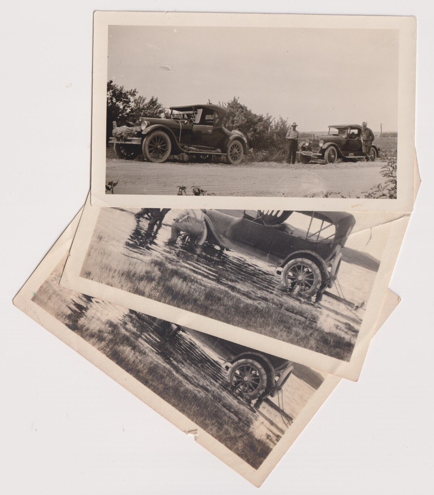 3 Old Photos Model T\'s  Scene in River Crossing Men Working on Auto Car c 1919