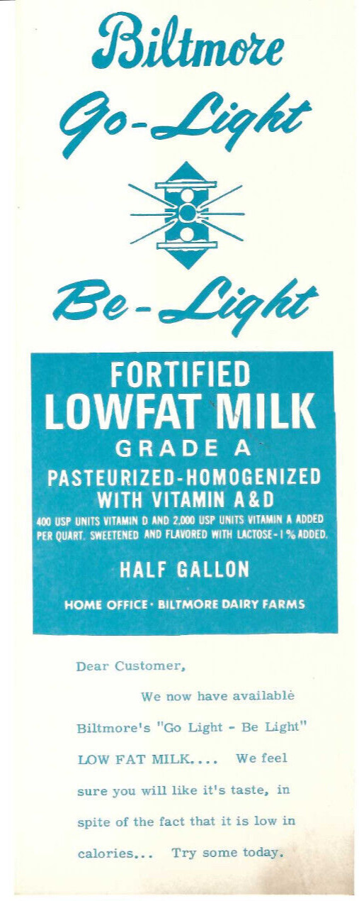 VTG 1950s-60s BILTMORE DAIRY FARMS 'GO-LIGHT BE-LIGHT LOWFAT MILK' ADVERTISING