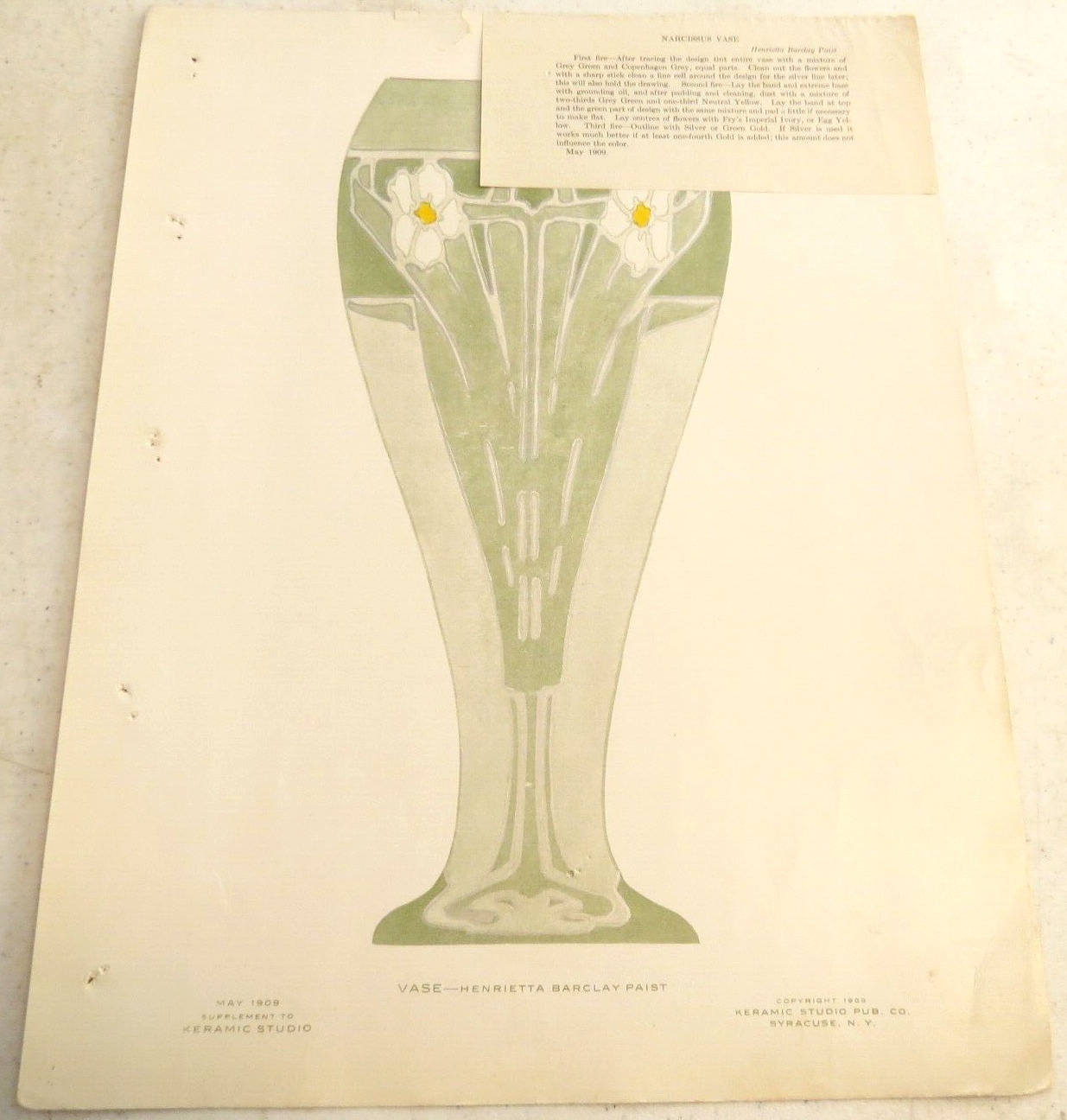 May 1909 Keramic Studio Design Narcissus Vase Henrietta Barclay Paist Illus NOTE