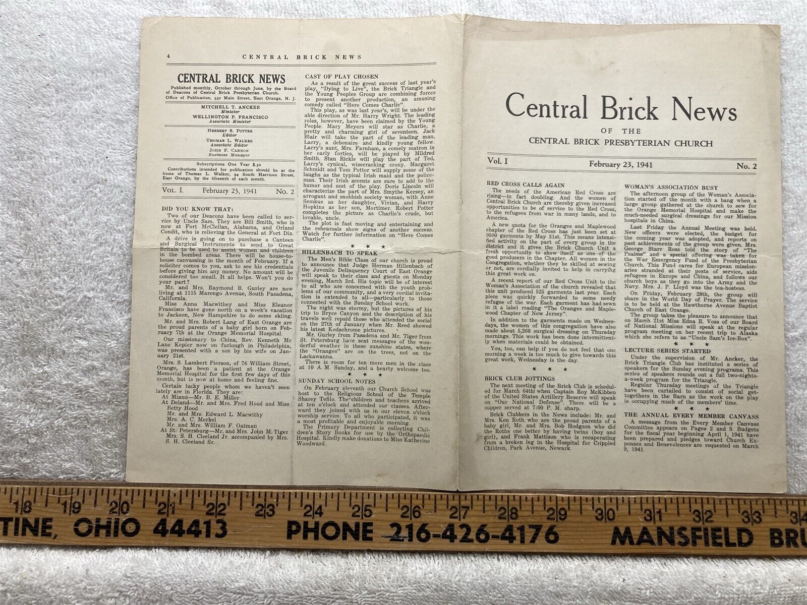 1941 Central Brick News Presbyterian Church Bulletin  Vtg