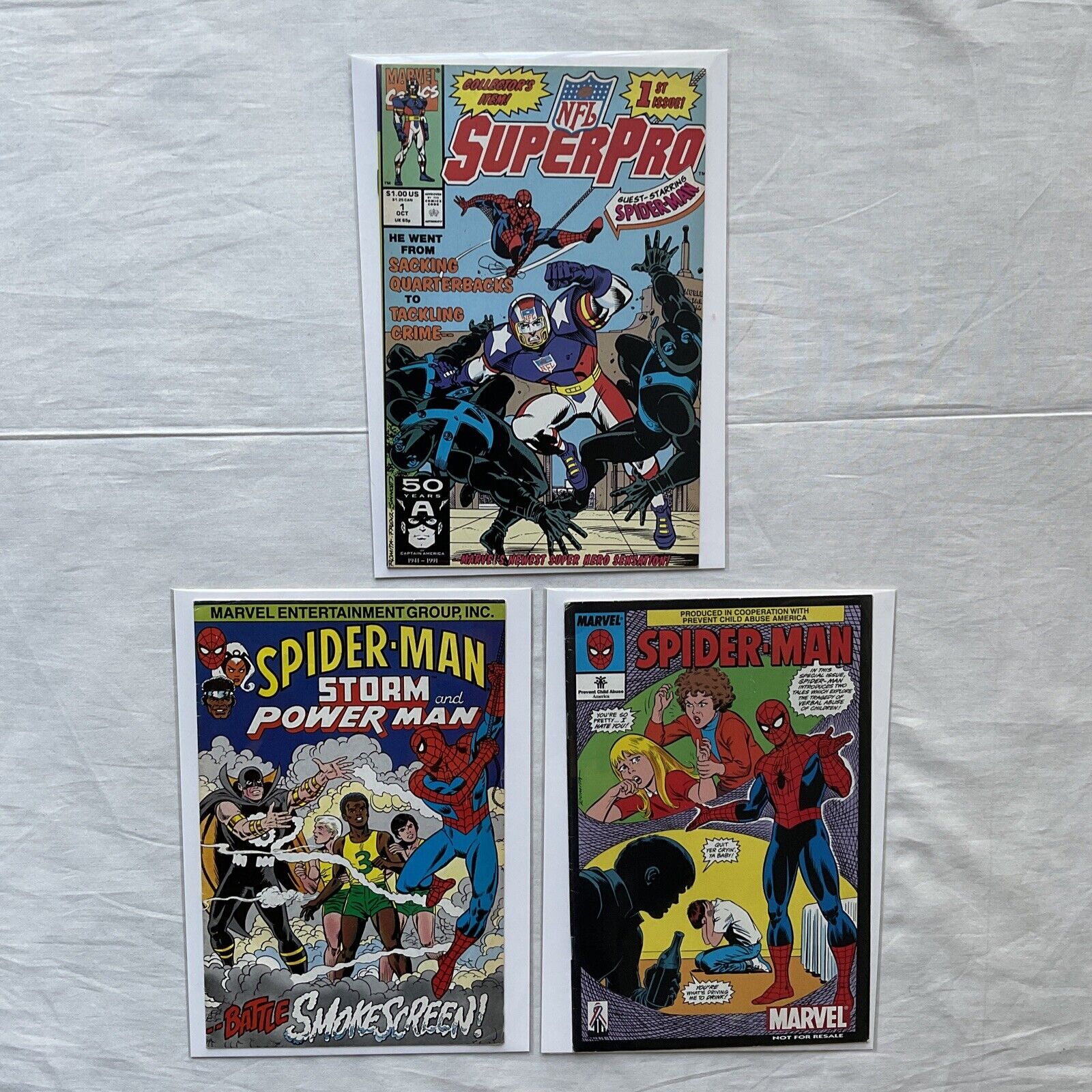 NFL Super Pro #1 1991 Marvel Spider-Man, Storm & Power Man, Prevent Verbal Abuse