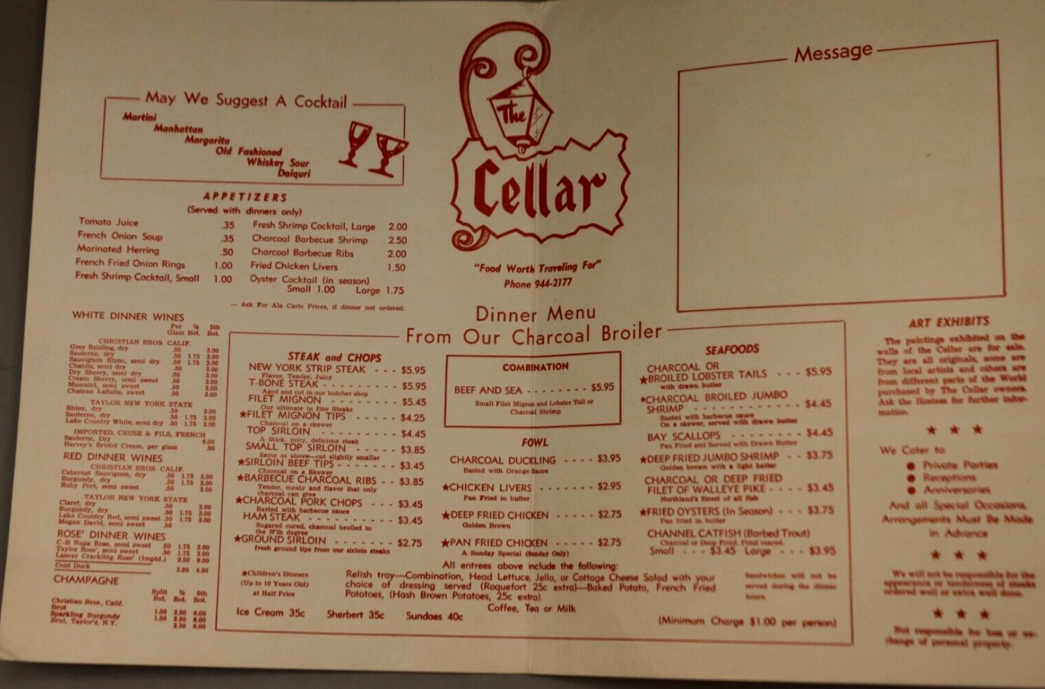 Vintage 1960s Geneseo Illinois Cellar Restaurant Menu
