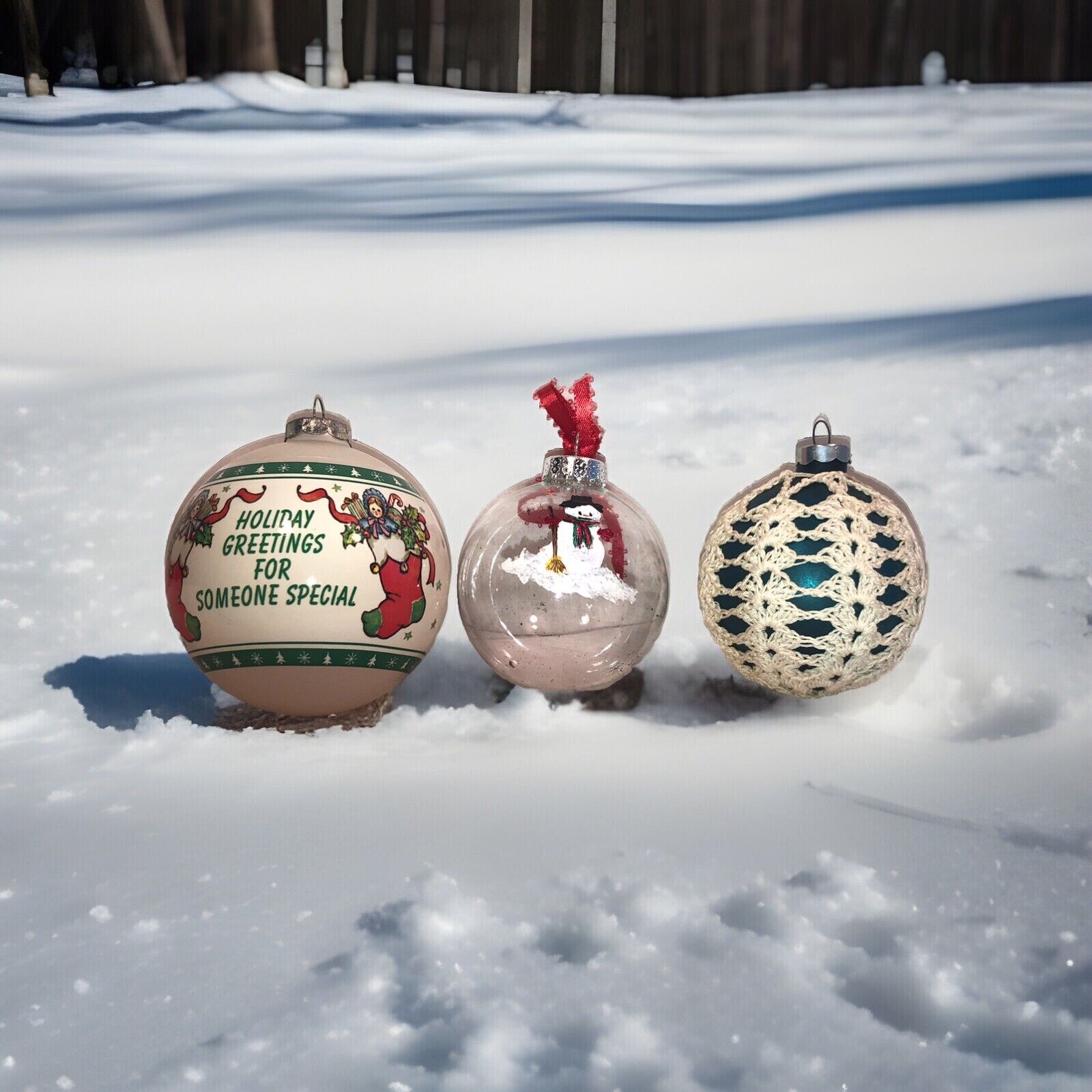 Set Of Three Vintage & Hand Made Christmas Ornaments Satin/Paint/Crochet