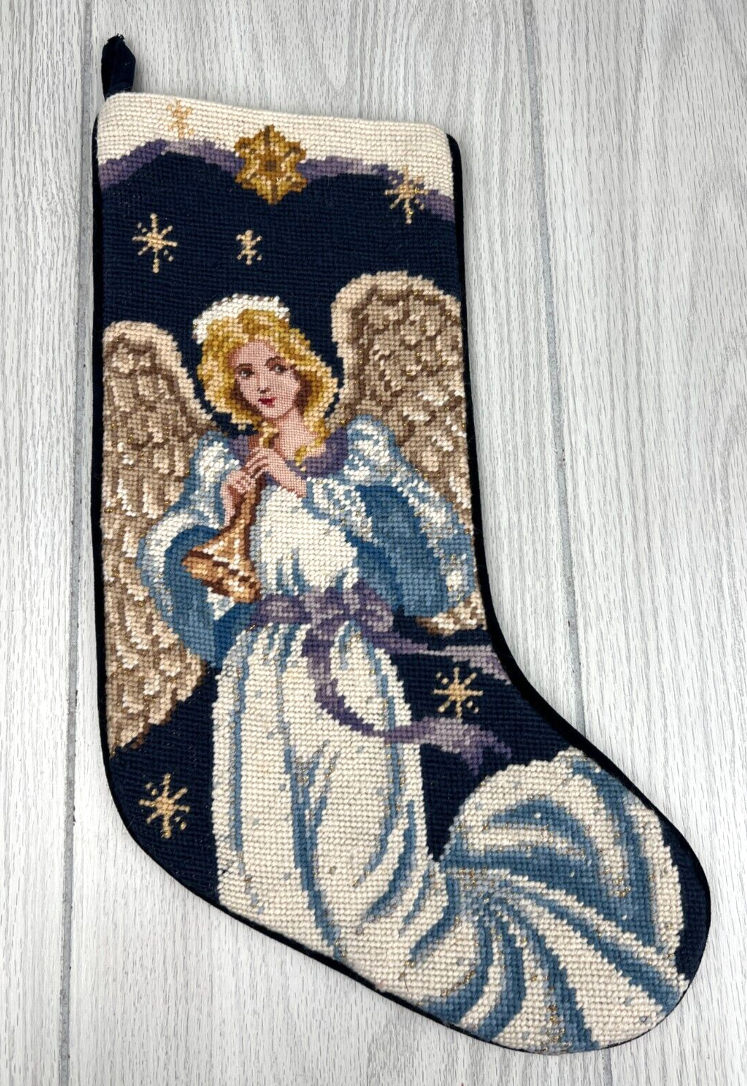 VTG Needlepoint Christmas Stocking Angel Gold Star Wool Blue Velvet