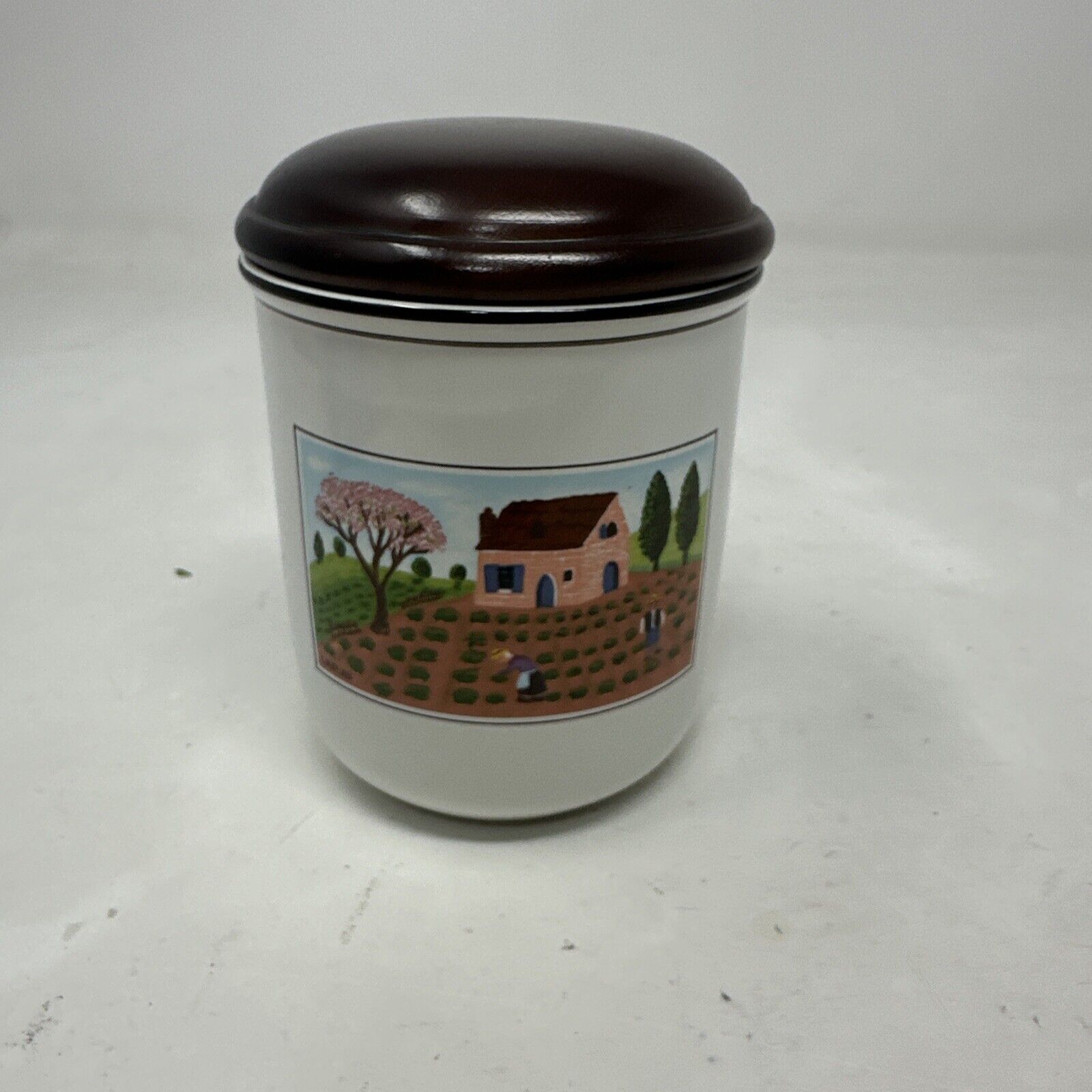  Villeroy And Boch Porcelain Container Jar Folk Art Farm Scene  With Wooden Lid