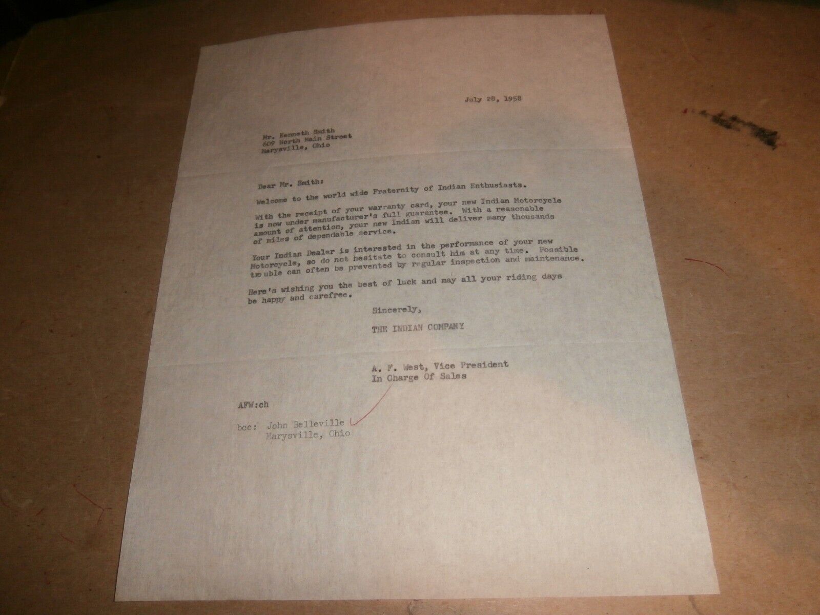 Vintage 1958 Indian Motorcycle Welcome Letter Kenneth Smith Marysville OH