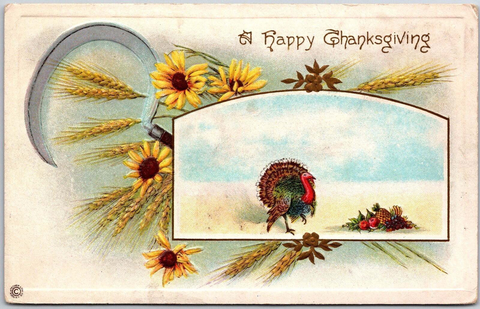 A Happy Thanksgiving Turkey Sunflower In Background Postcard