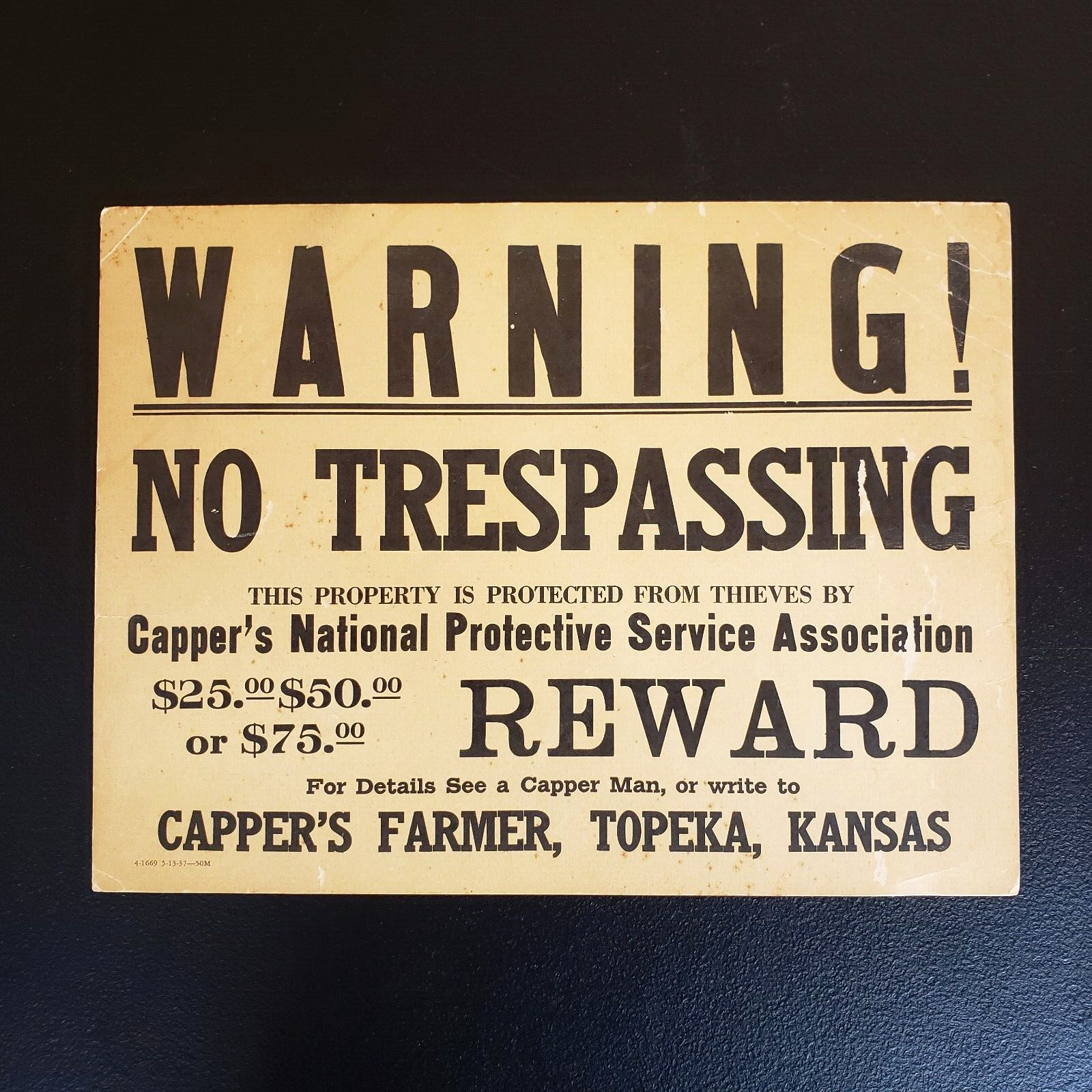 Vintage WARNING TRESPASSING SIGN Capper\'s Farmer Topeka Kansas $75 Reward 1930\'s