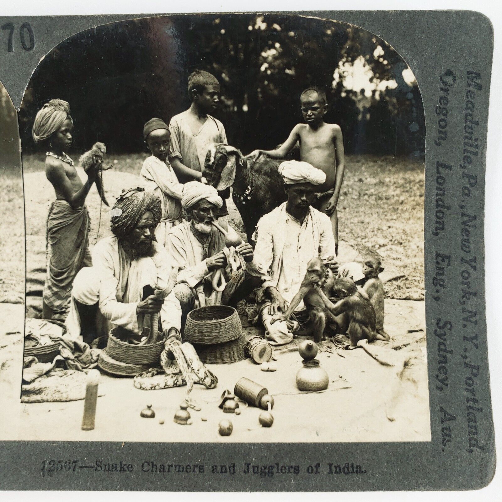 Snake Charmers & Jugglers Stereoview 1920s India Mongoose Goat & Monkeys C1844