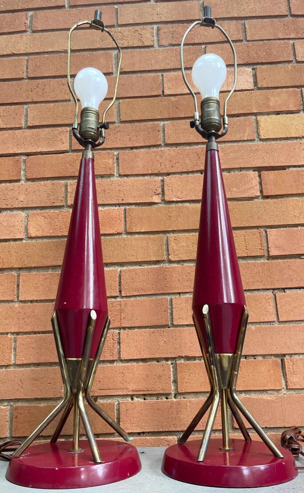 Pair Vintage 50s / 60s Atomic Wood Brass Lamps Mid Century Modern MCM Lighting