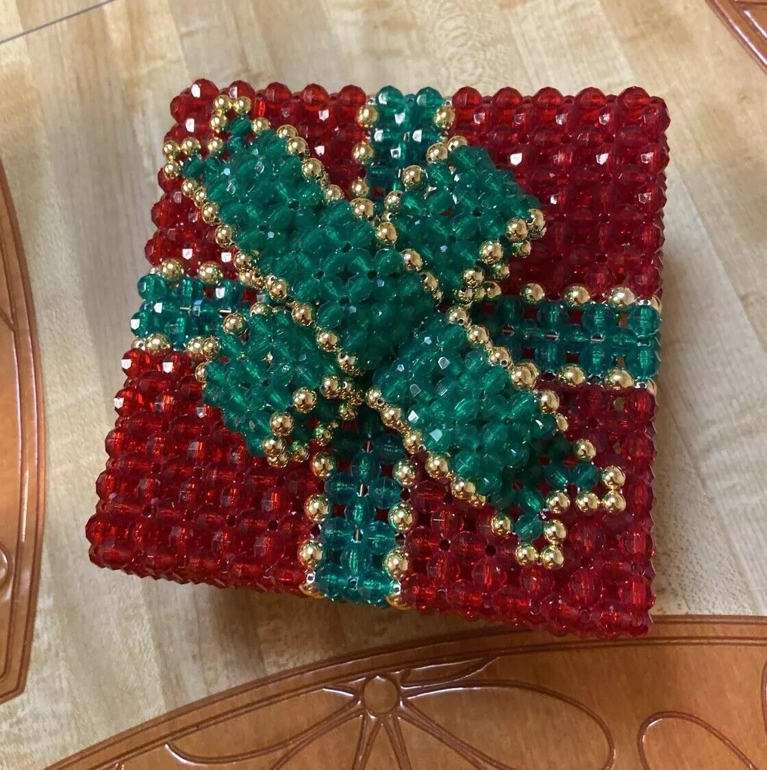 Handmade Red Beaded Square Present Trinket Box Christmas Bow Gold Green Lidded