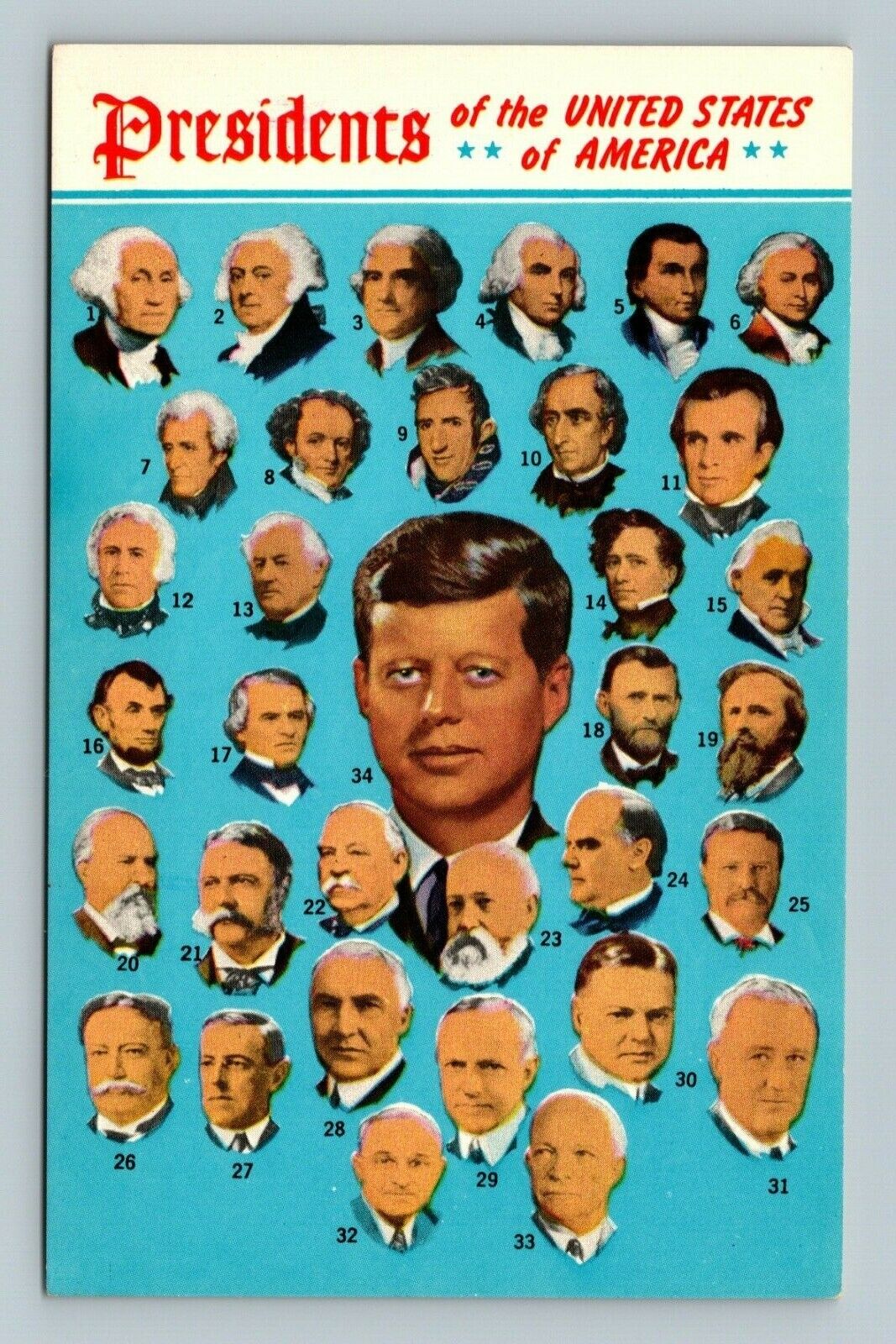Presidents Of The United States Of America, 1-34, Chrome Postcard