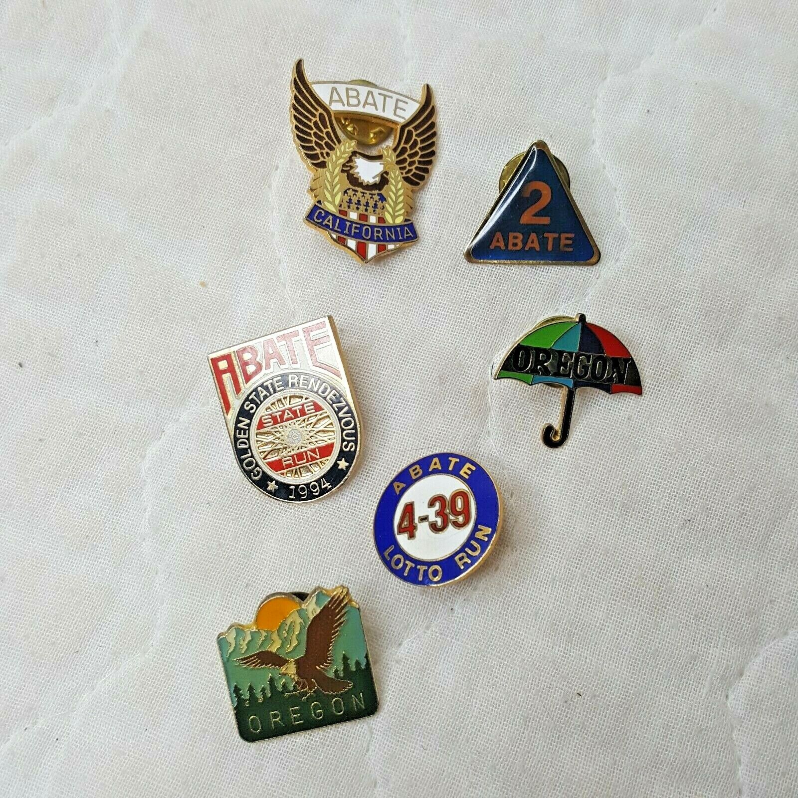 Lot of 6 Lapel Pins 4 ABATE Biker Pins and 2 Oregon State Pins 