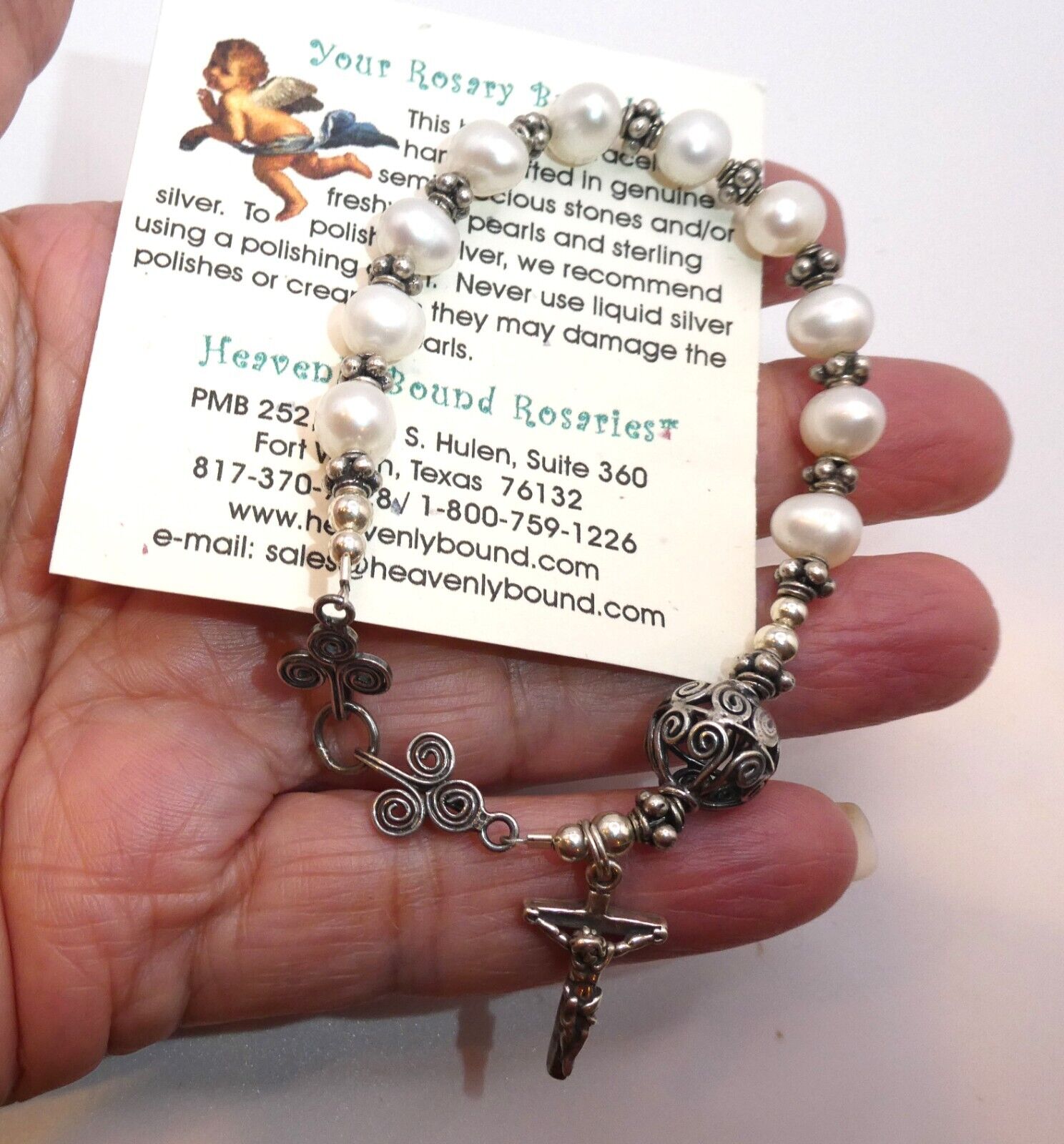 Sterling Silver 925 Pearl Bead Ball Rosary Sunwest Cross Charm Bracelet Bali