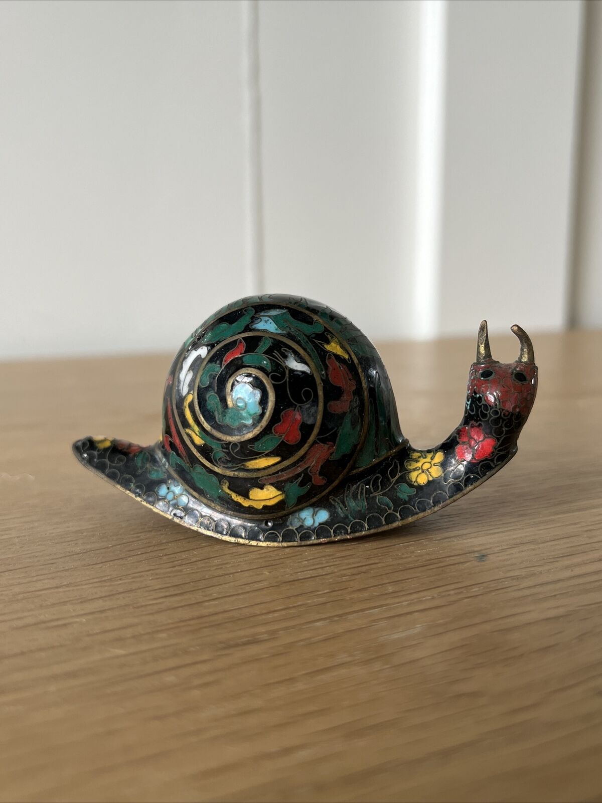 Vintage Chinese Cloisonné Snail With Flowers Brass 3.5”