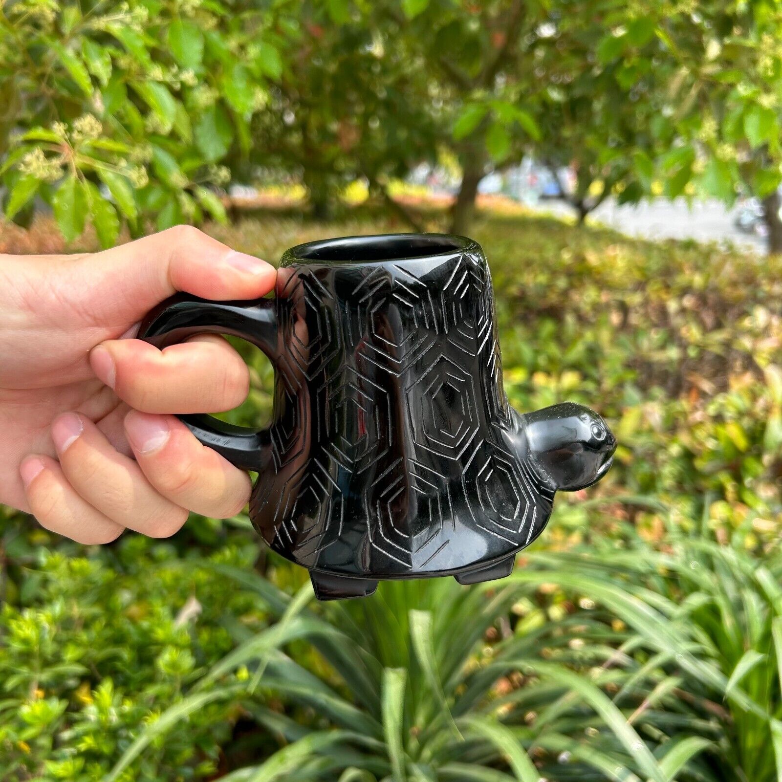 1.8LB 6.2''Hand Carved Natural Black Obsidian Turtle Shape Cup Crystal Gift
