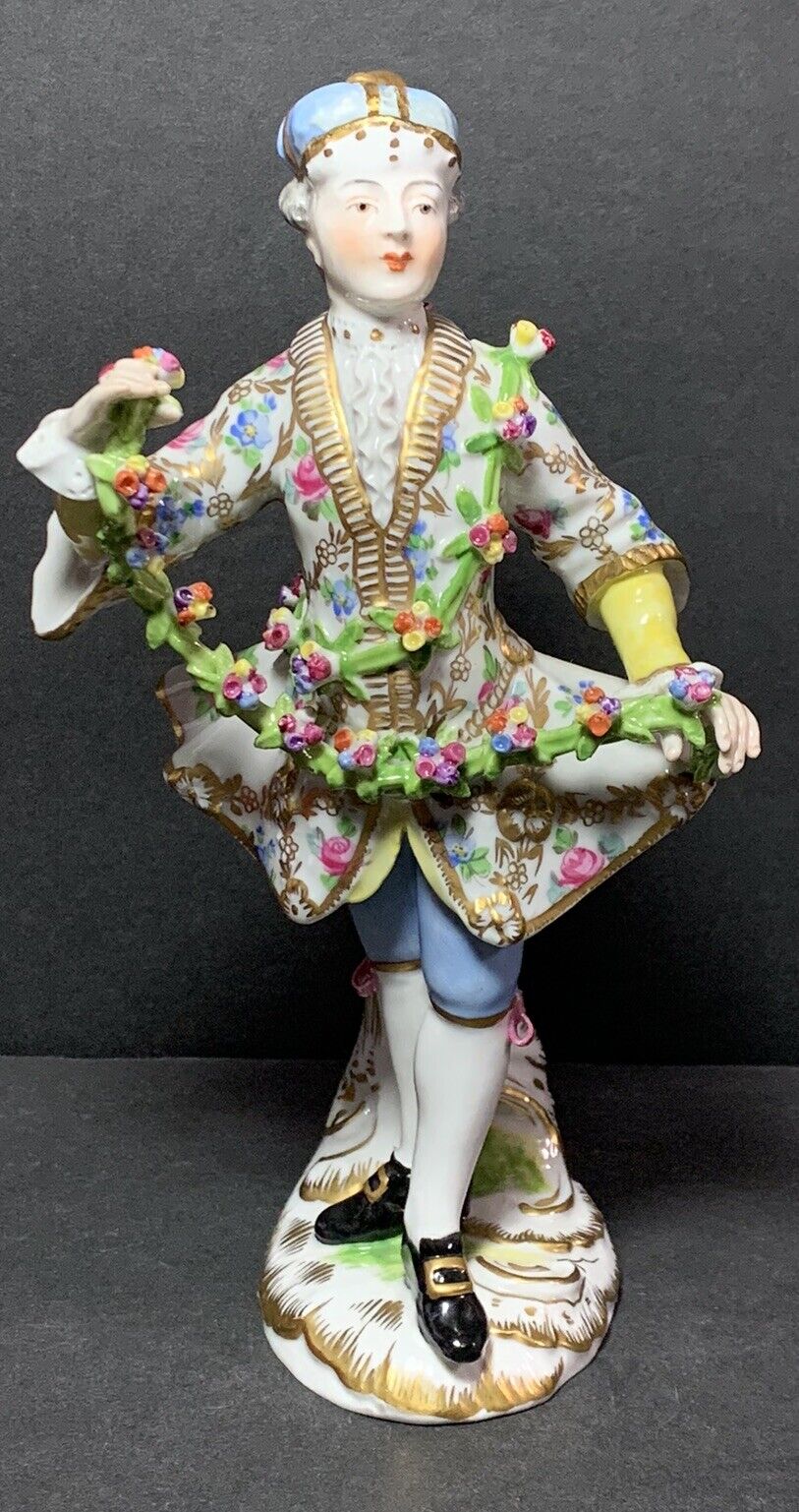 RARE Antique MEISSEN DRESDEN Porcelain Man Dancer w/ FLORAL GARLAND FIGURINE
