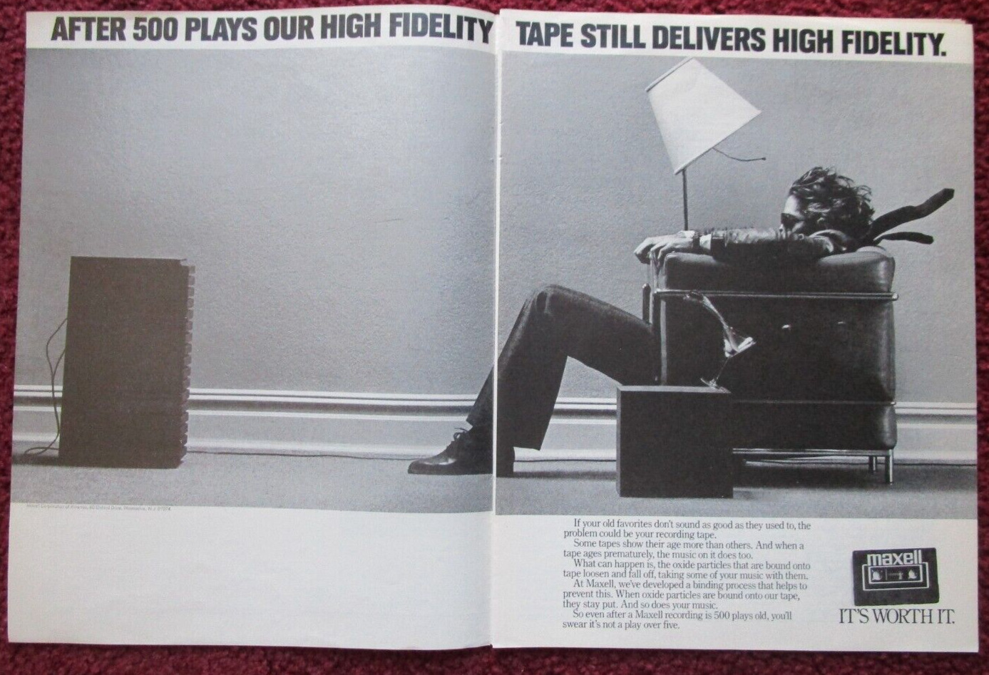 1981 MAXELL Audio Tape Magazine Print Ad Clipping ~ BLOWN AWAY Living Room Man